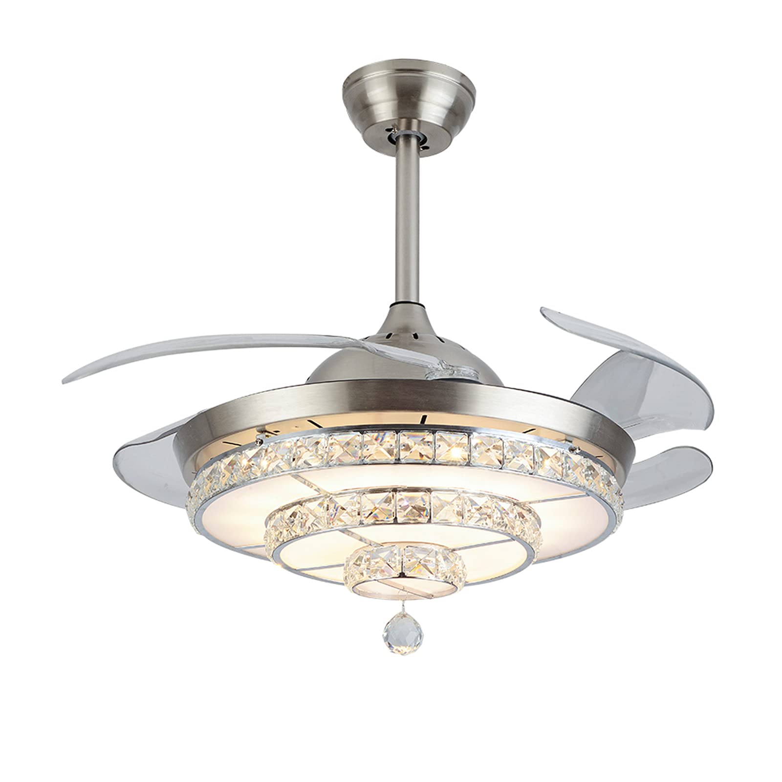 42 Inch Crystal Ceiling Fan with Light and Remote Control - Retractable Blades, 3 Color Changing LED Chandelier Fan - Silver Finish for Living Room, Bedroom, and Dining Room - Energy Efficient Cooling and Stylish Lighting Solution