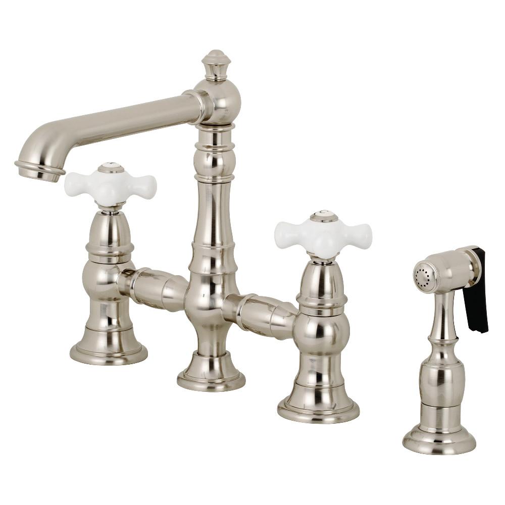 Kingston Brass KS727 PXBS 8-Inch Bridge Kitchen Faucet with Pull-Down Sprayer - English Country Style - Perfect for Farmhouse, Cottage & Traditional Kitchens