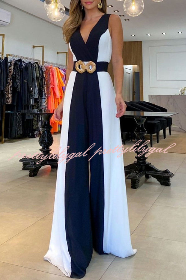 Black and White Classic Colorblock Wide Leg Jumpsuit for Women - Stylish Casual Outfit for Work, Party & Everyday Wear