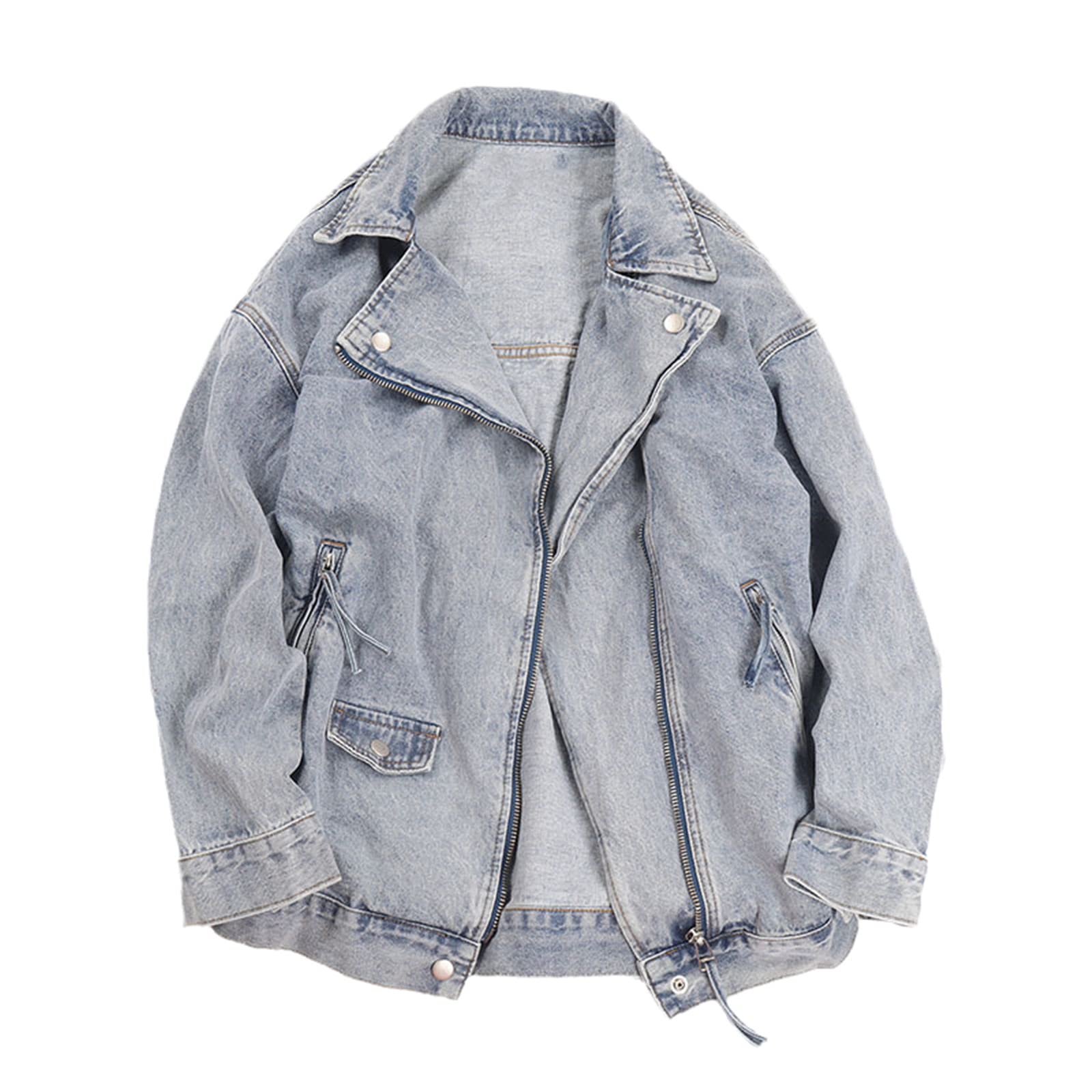 Light Blue Denim Jacket for Women - Spring Fashion with Turndown Collar, Long Sleeve & Front Zipper | Loose Fit Casual Jeans Jacket | Perfect for Everyday Wear, Weekend Outings & Street Style