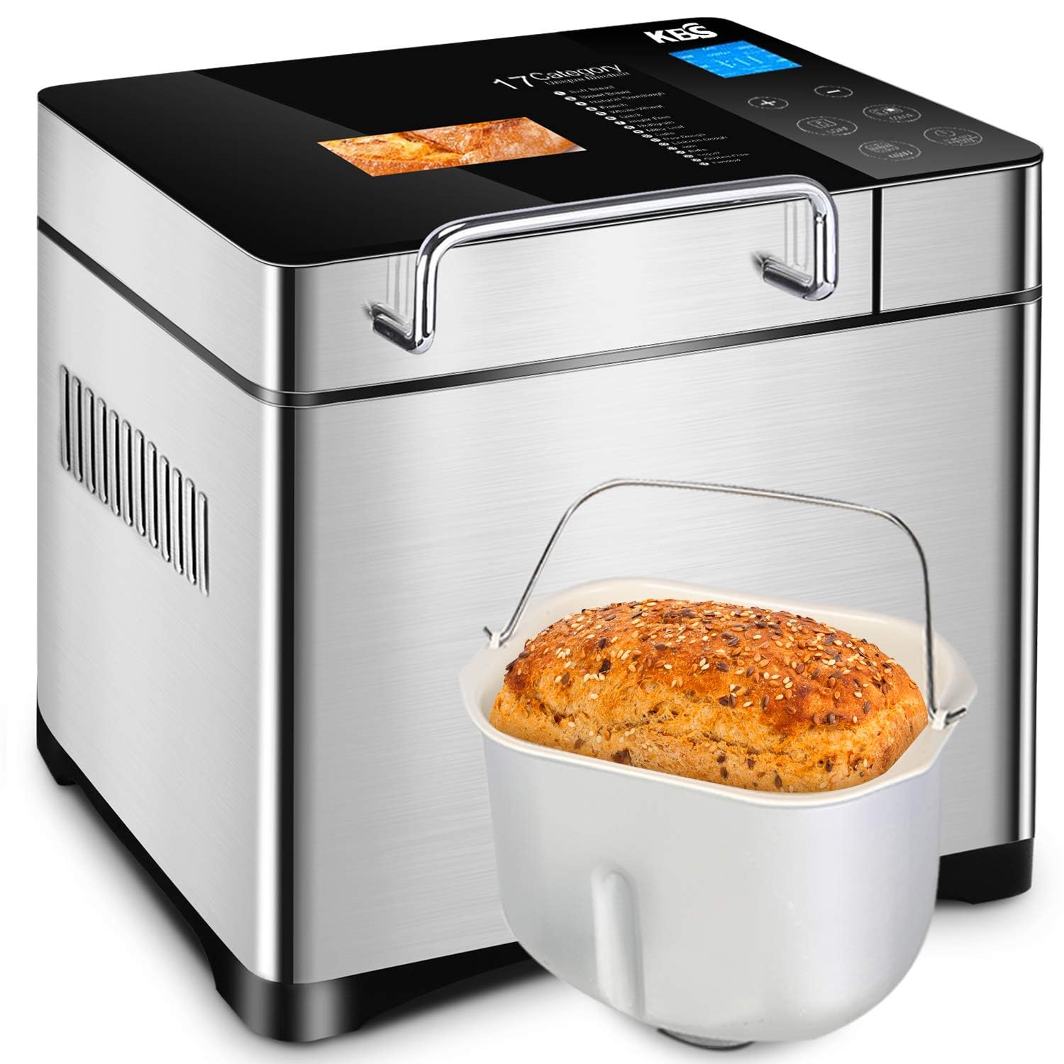 **KBS 17-in-1 Bread Maker Machine - 2LB Stainless Steel Bread Machine with Fruit Nut Dispenser, Nonstick Ceramic Pan, Digital Touch Panel, 710W, 15-Hour Timer, 1-Hour Keep Warm - 3 Sizes & 3 Colors - Perfect for Homemade Bread, Gluten-Free Baking & Family Breakfasts**
