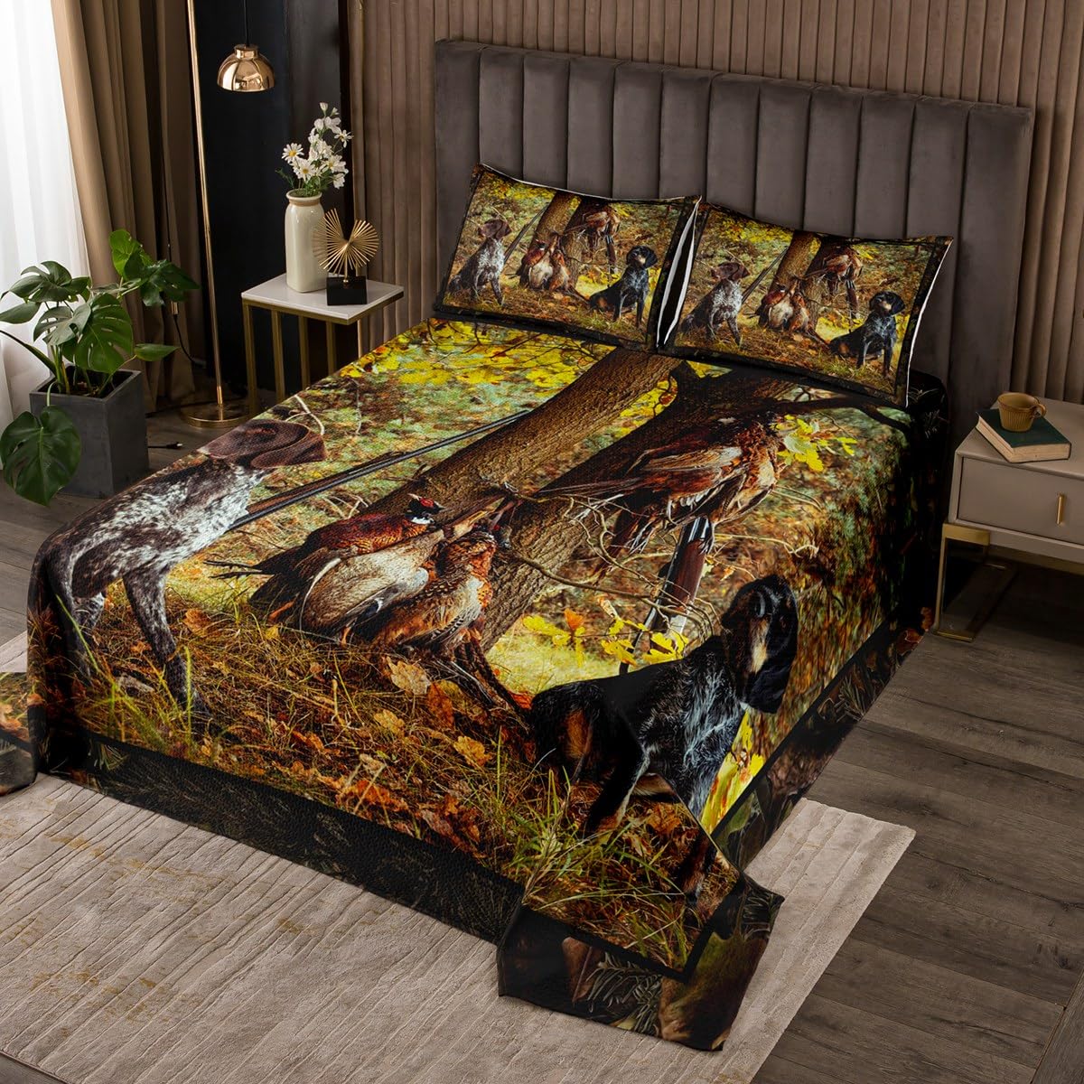 Pheasant Hunting Quilt Set King Size - Boho Farmhouse Bedspread for Men & Boys