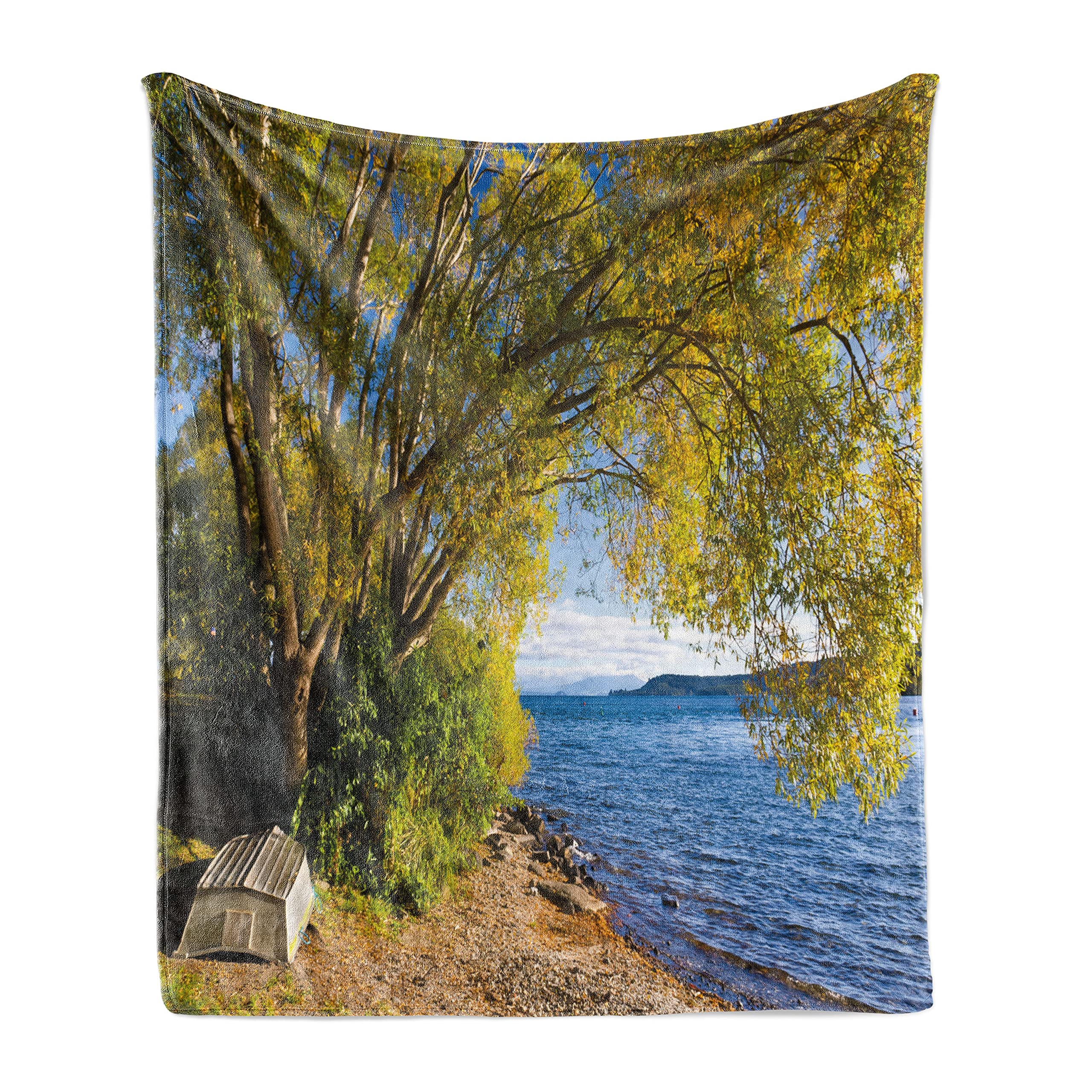 Ambesonne Nature Throw Blanket - Small Boat Under Tree by Lake North Island New Zealand Scenic Design | Soft Flannel Fleece Accent Blanket for Couch, Bed & Sofa | 60