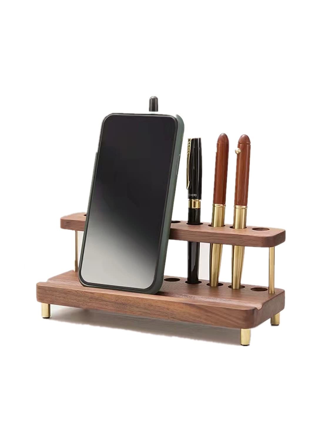 Premium Walnut Wood & Brass Pen Holder - Elegant Desk Organizer for Pencils, Pens & Office Supplies | Stylish iPad & Phone Stand | Unique Home & Office Decor | Perfect Gift Idea for Professionals & Students | Ideal for Workspaces, Study Desks & Gift Giving