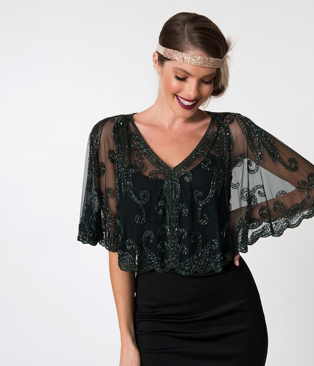 1920s Vintage Style Dark Green & Olive Beaded Sheer Mesh Capelet Shawl - Perfect for Gatsby Parties, Evening Events and Historical Costumes