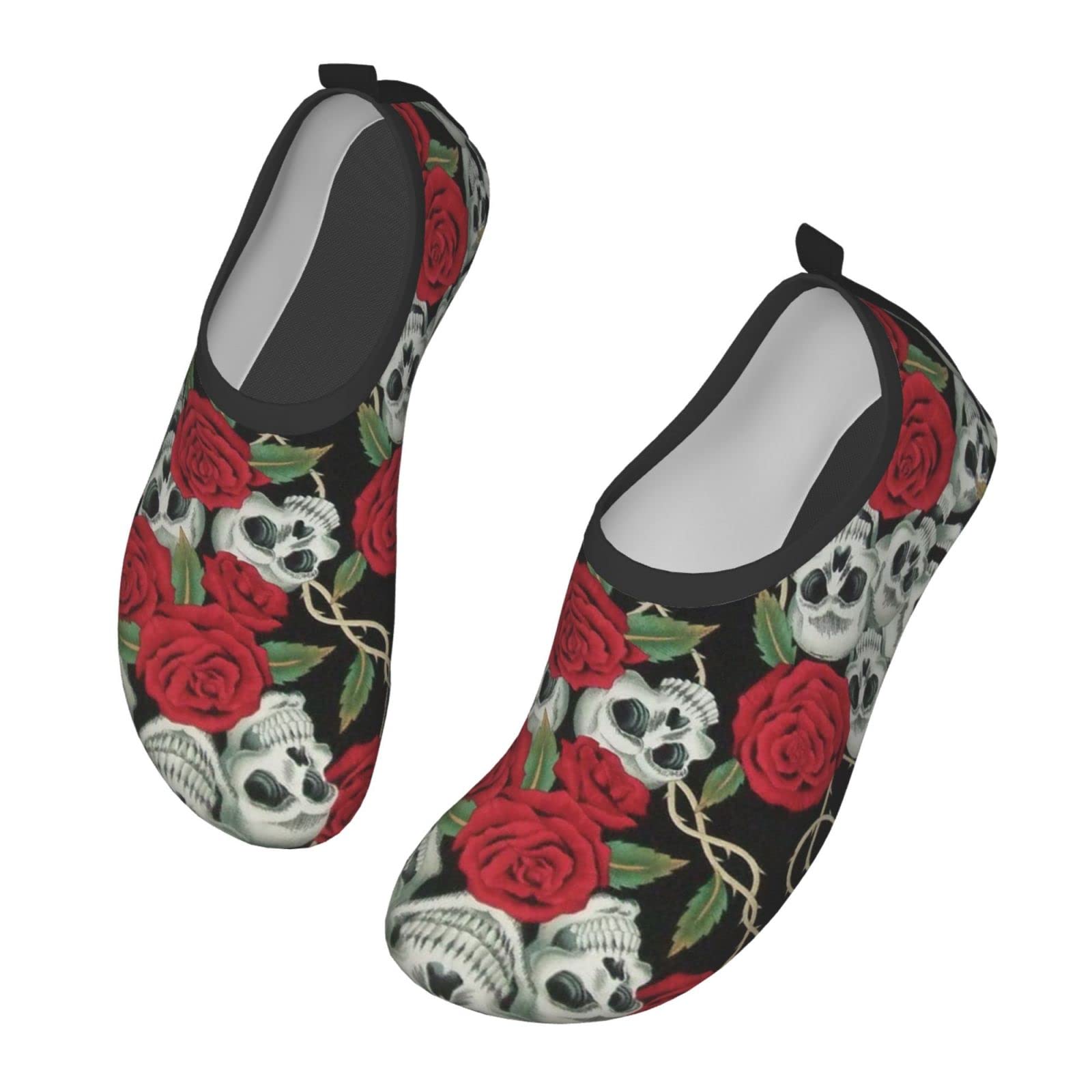 Funny Water Shoes for Women & Men - Barefoot Quick Dry Aqua Socks for Beach, Swim, Surf, Yoga & Exercise - Lightweight Flexible Water Shoes with Red Rose Skull Design - Perfect for Water Sports, Pool Parties & Summer Adventures