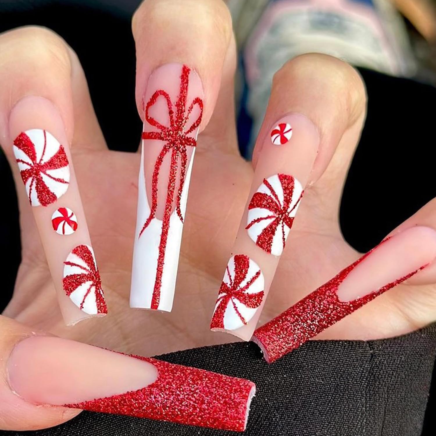 24 Pcs Christmas Press on Nails - Long French Tips with Candy Glitter Designs, Full Cover Artificial Acrylic Glue on Nails for Women & Girls | Holiday Party, Gift, Nail Art DIY