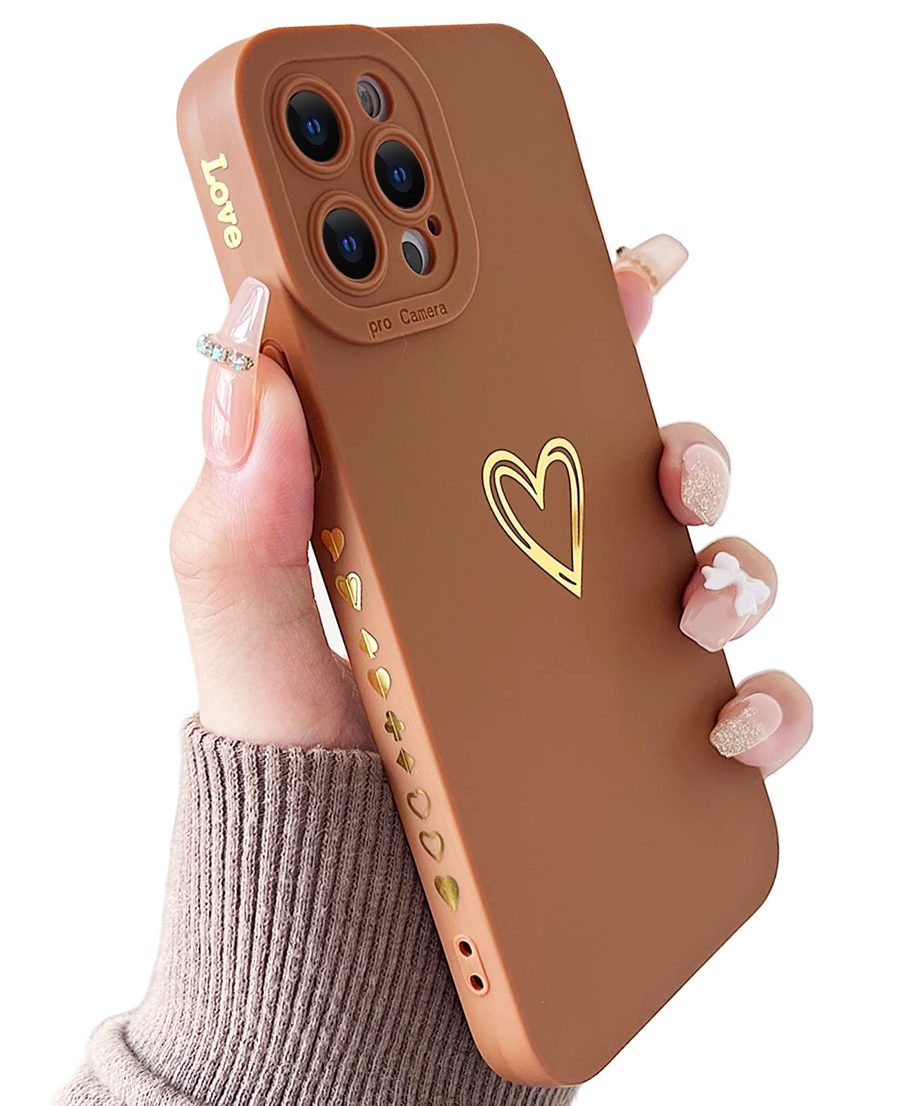 Luxury Bronzing Heart iPhone 12 Pro Max Case for Women - Cute Soft TPU Shockproof Cover with Full Camera Protection (6.7 Inch, Brown) | Perfect Gift for Girlfriend, Valentine's Day & Everyday Use