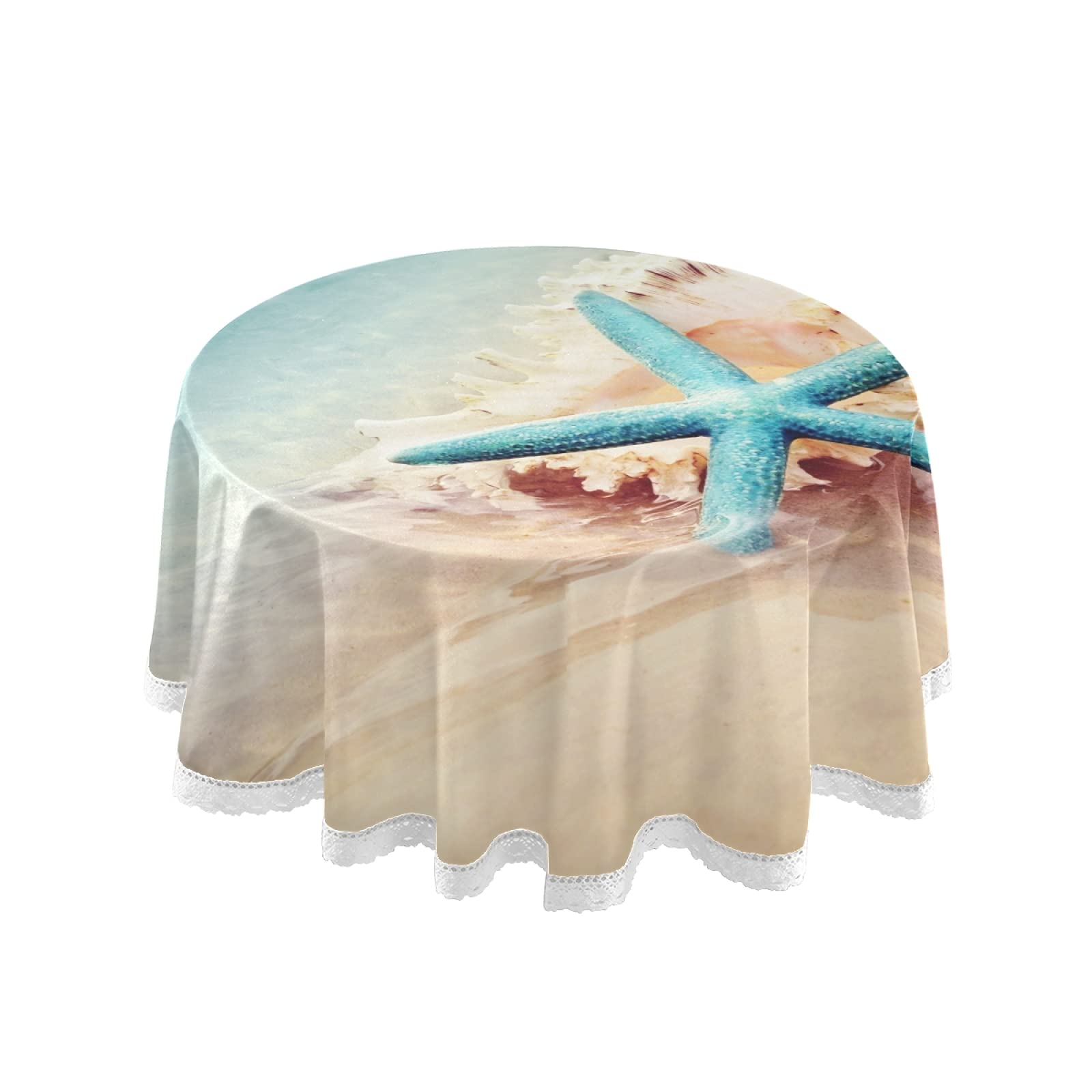 60 Inch Round Beach Starfish Tablecloth - Washable Polyester Lace Table Cover for Kitchen, Party, Picnic & Dining Decor | Perfect for Summer Outdoor Gatherings & Coastal-Themed Events