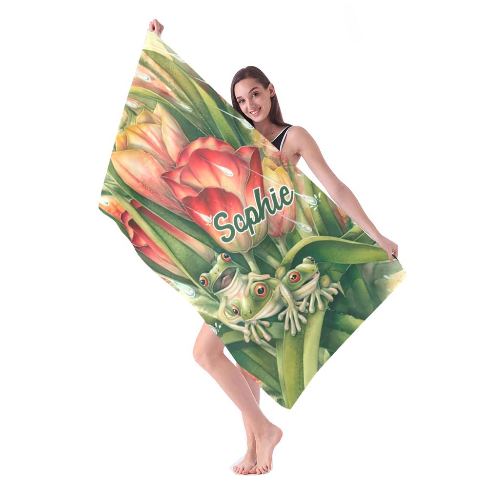 Custom Personalized Beach Towels with Name - Funny Frog & Floral Design - Quick Dry Absorbent Microfiber Sand Proof Pool Bath Towel (30x60 inches) for Kids, Girls, Boys & Adults - Perfect for Beach, Pool, Yoga & Picnic Blanket