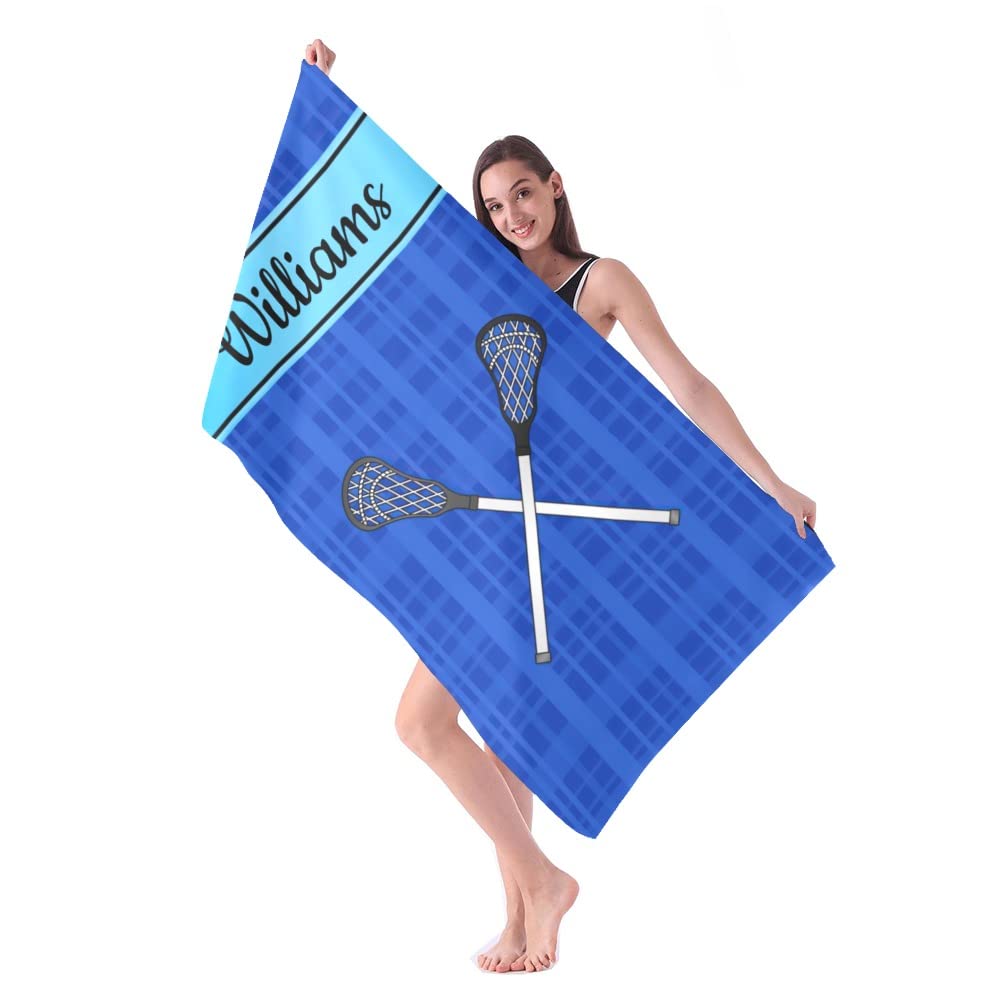 Custom Personalized Beach Towels with Name - Quick Dry Absorbent Microfiber Sand Proof Pool Bath Towel (30x60 inches) - Lacrosse Blue Plaid Design for Kids, Girls, Boys & Adults - Perfect for Beach, Pool, Gym & Outdoor Activities