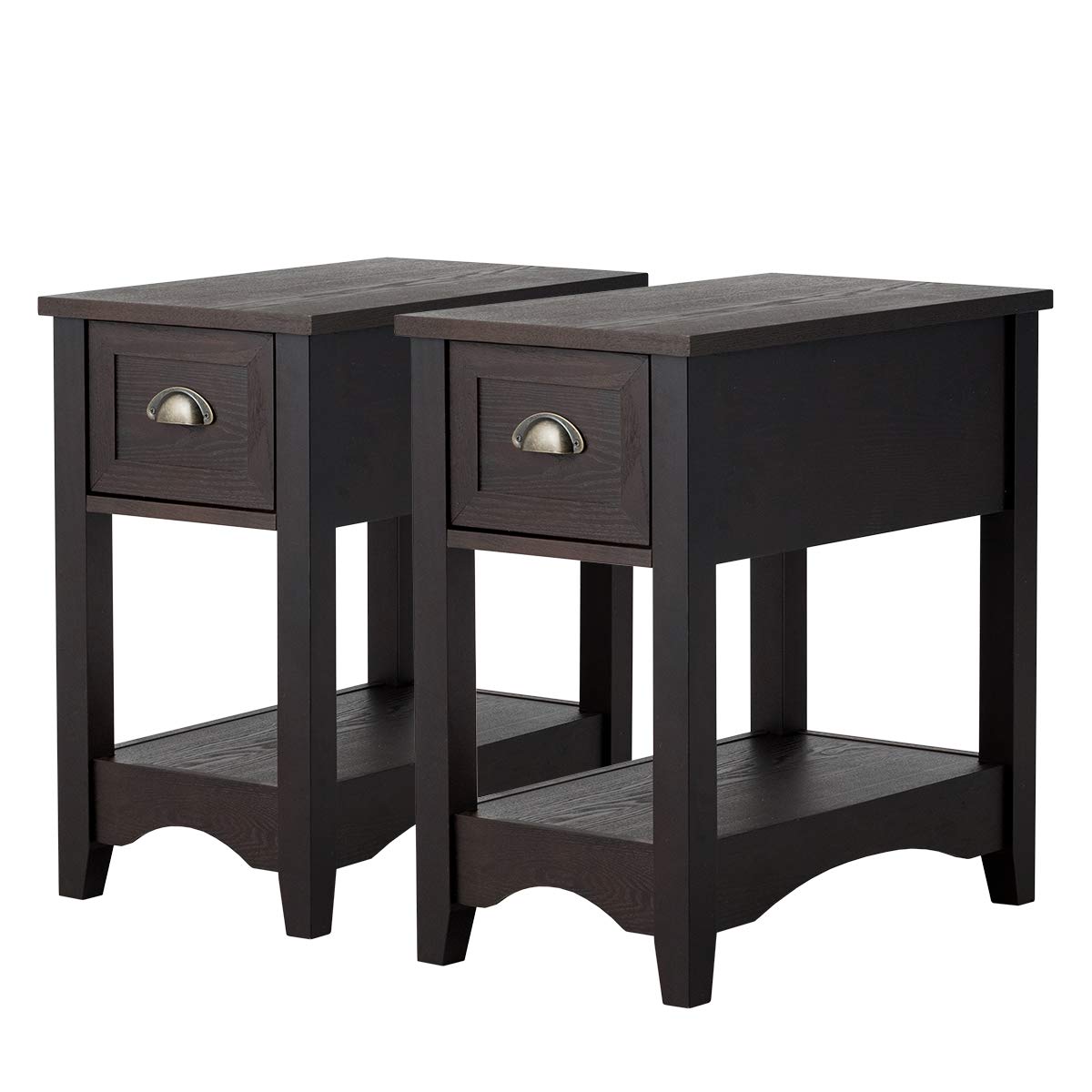 Giantex Retro Narrow End Table with Drawer & Storage Shelf - Solid Wood Nightstand for Bedroom, Living Room, Home Office - Space Saving Small Side Table (2-Pack, Espresso) - Perfect for Compact Spaces, Apartment Living & Guest Room Decor