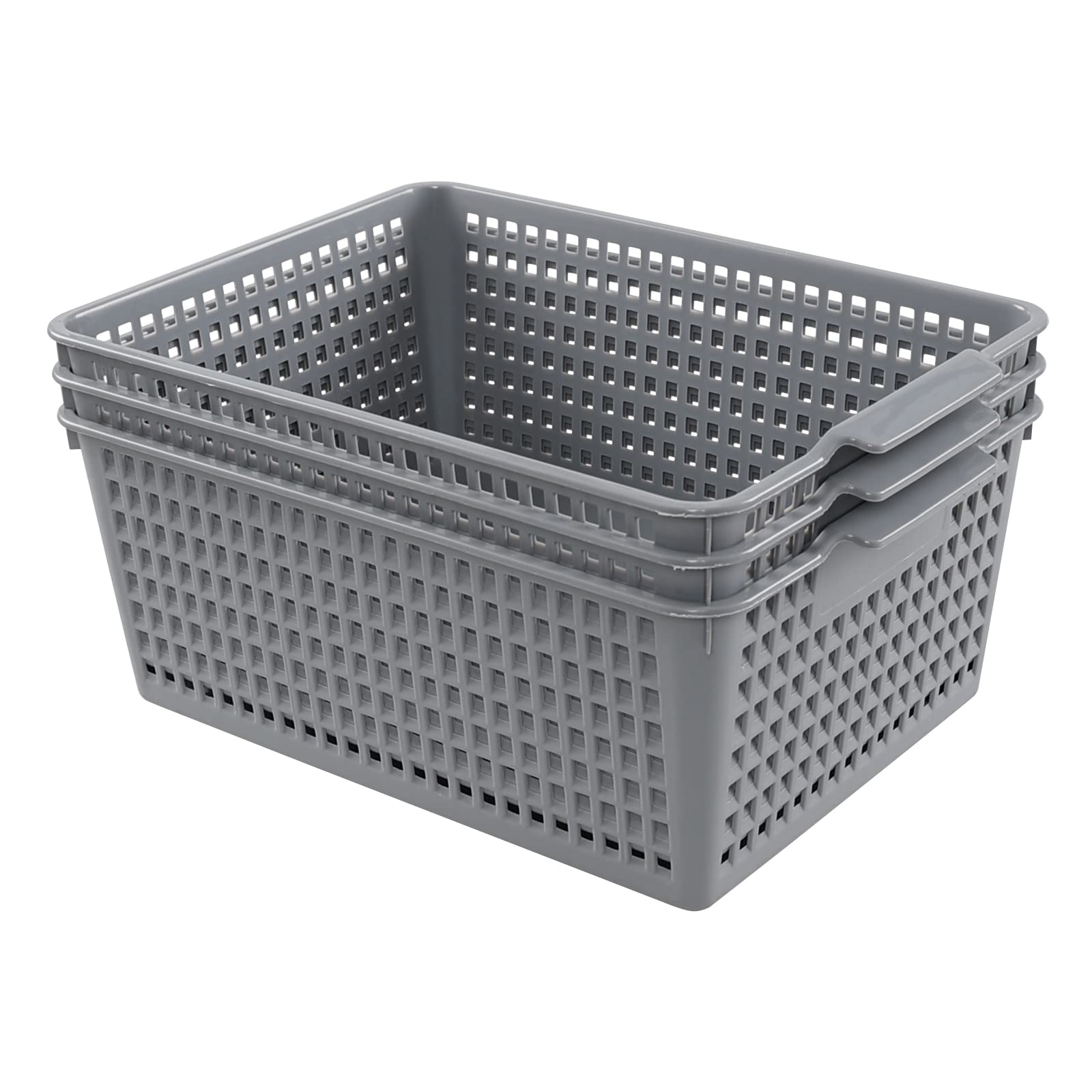 3-Pack Large Plastic Storage Baskets - Grey for Home & Office Organizing