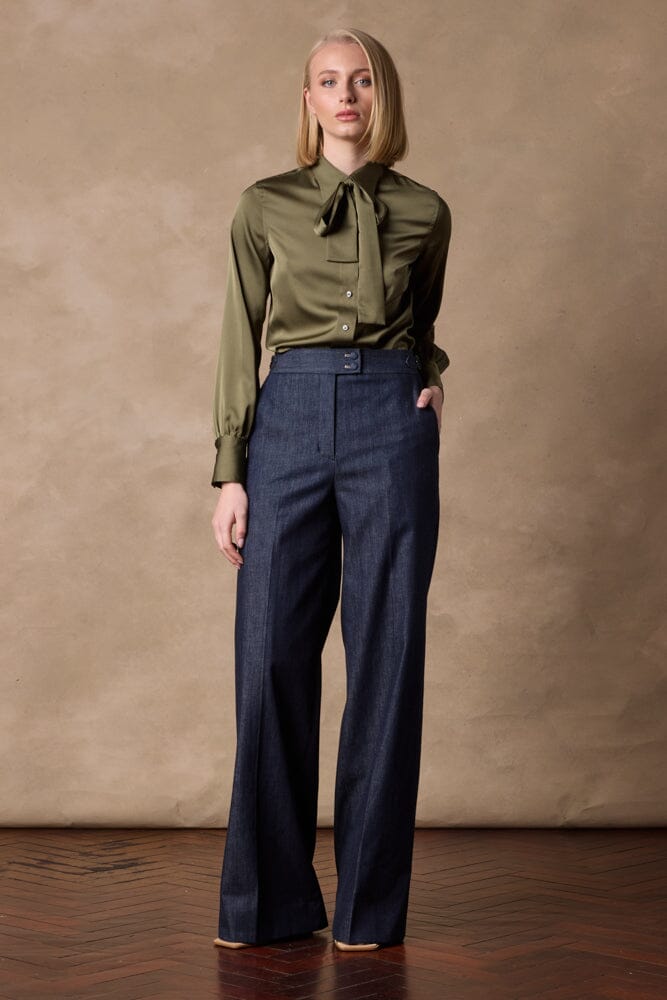 Blakely Pussy Bow Blouse - Olive Green Silk Shirt for Women | Elegant Office Wear & Special Occasion Outfit