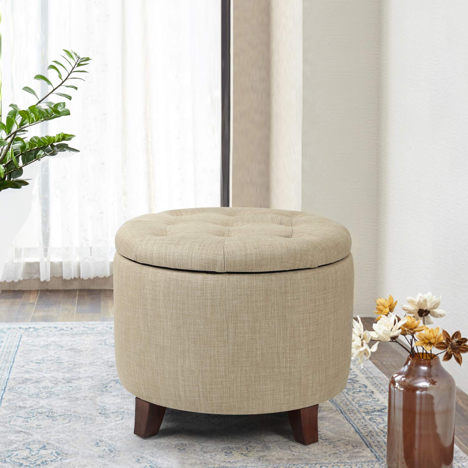 Adeco Fabric Cushion Button Tufted Lift Top Storage Footstool – 17 Inch Sturdy Round Ottoman with Hidden Storage | Perfect for Living Room, Bedroom & Home Decor
