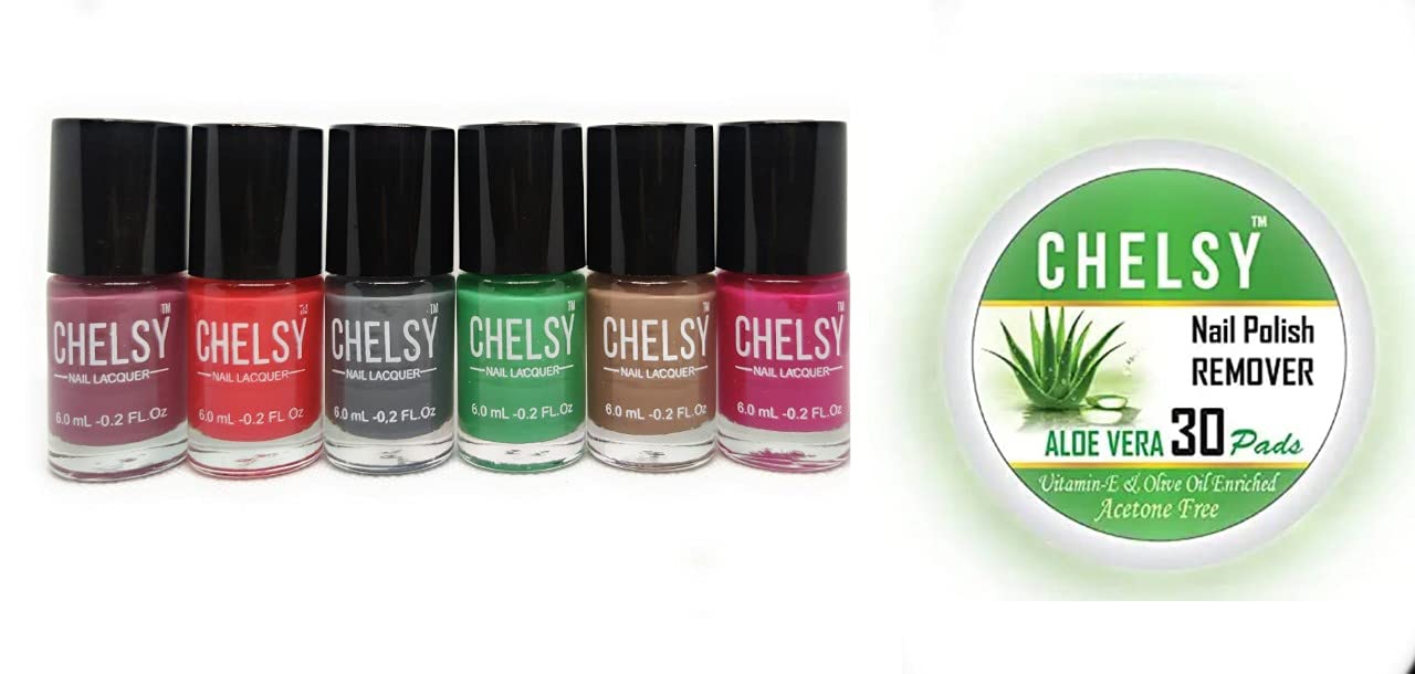 Chelsy Glossy Nail Polish Set - Evergreen Collection (6 Colors x 6ml) with Aloe Vera Nail Polish Remover Wipes (30 Pads) - Long Lasting & Vibrant Colors for Manicure, Pedicure, Nail Art & Home Salon Care