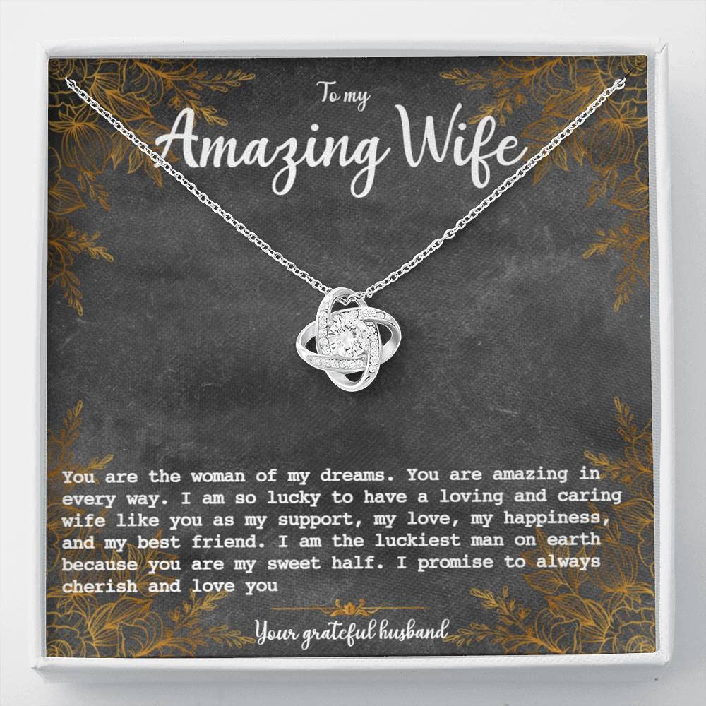 Personalized 'My Amazing Wife' Love Knot Necklace with Heart Diamond Charm & Gift Box - Custom Engraved Jewelry for Anniversary, Christmas, Thanksgiving - Perfect Romantic Gift for Her