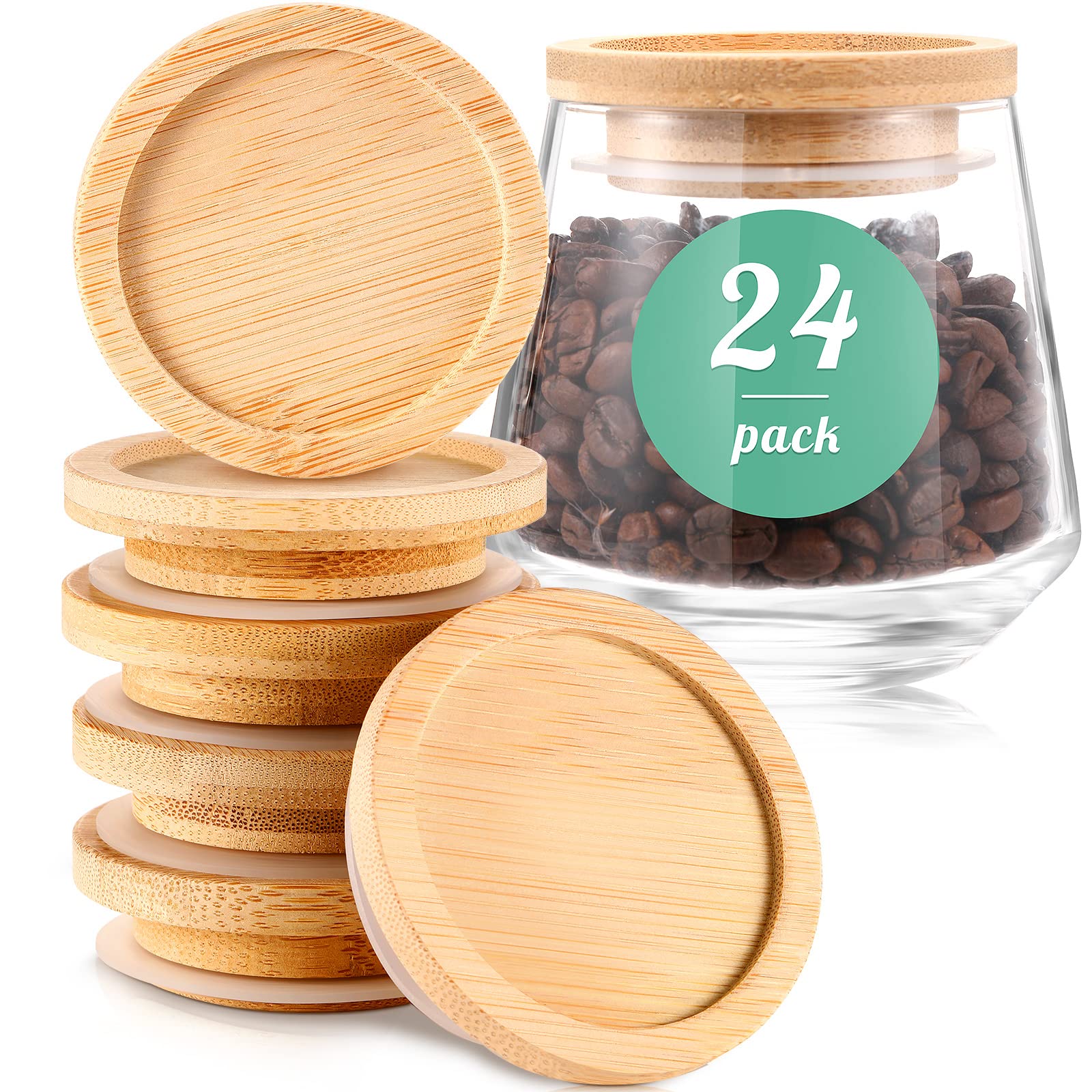 Bamboo Yogurt Jar Lids Set with Silicone Sealing Rings - 24 Pack Wide Mouth Airtight Storage Lids for Mason Jars, Oui Jars & Canning Jars - Perfect for Food Preservation, Fermenting & Kitchen Organization