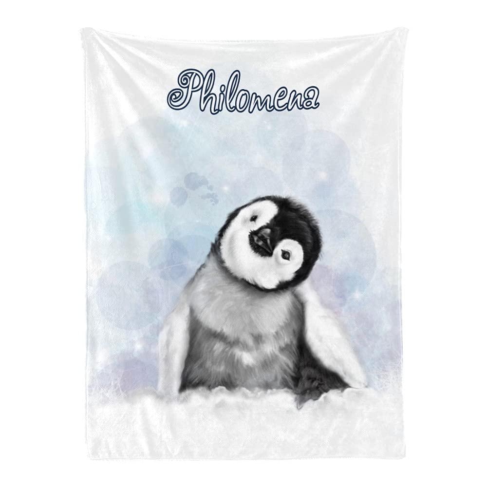 Custom Personalized Penguin Baby Blanket with Name - Soft Fleece Nursery Throw for Boys & Girls - 30