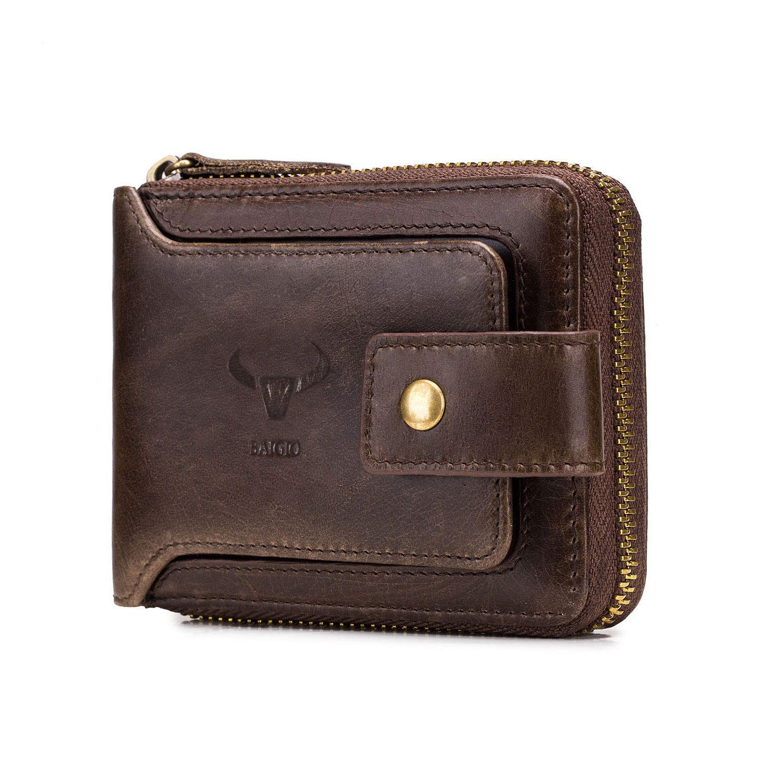 BAIGIO RFID Blocking Men's Leather Wallet with Zipper Closure - Slim Bifold Design for Multiple Cards & Cash - Premium Brown Leather Wallet for Everyday Use & Travel