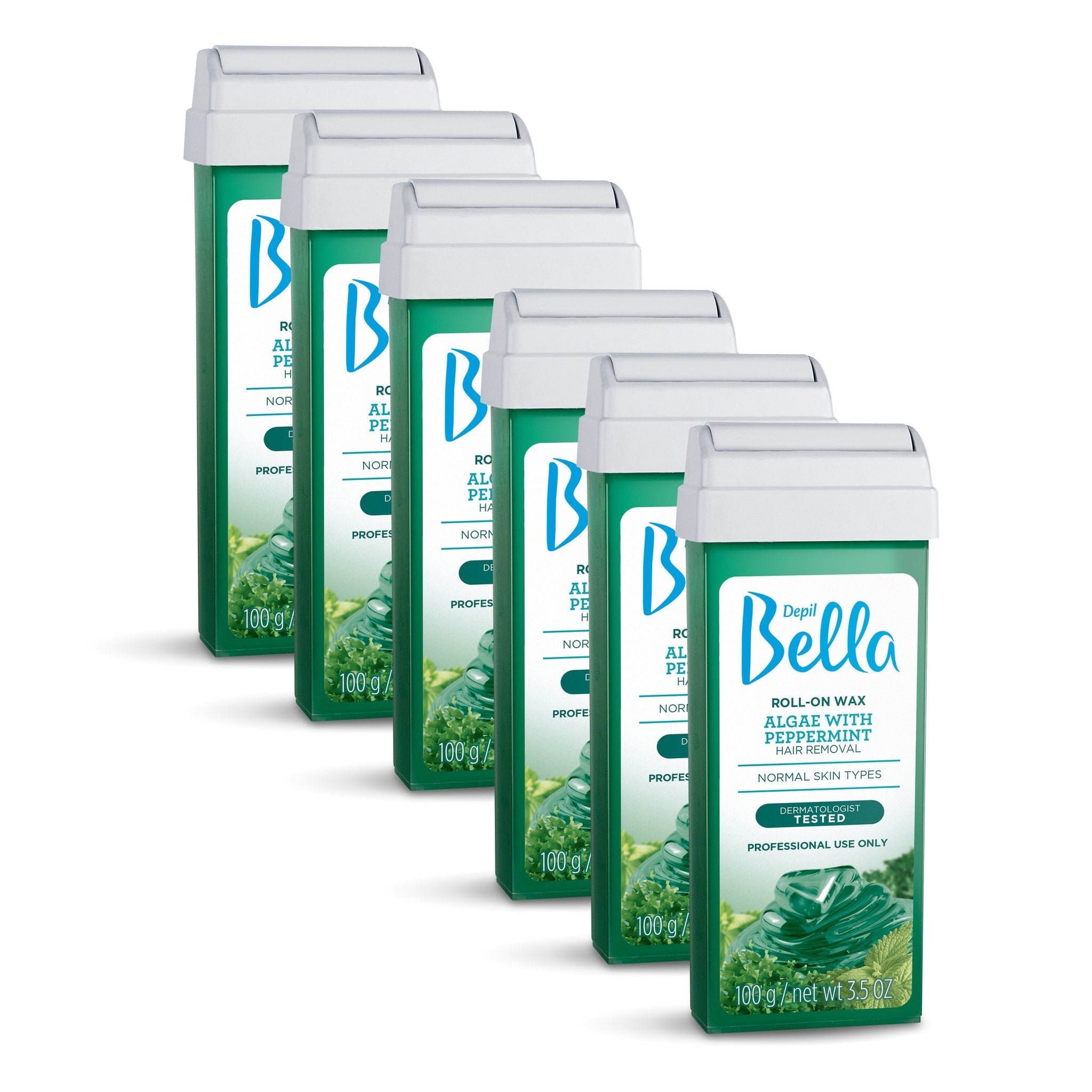 Depil Bella Roll-On Algae Wax Hair Removal Cartridges with Peppermint - 3.52Oz (6 Pack) - Smooth Legs, Underarms & Bikini Line - At-Home Waxing Kit for Women & Men