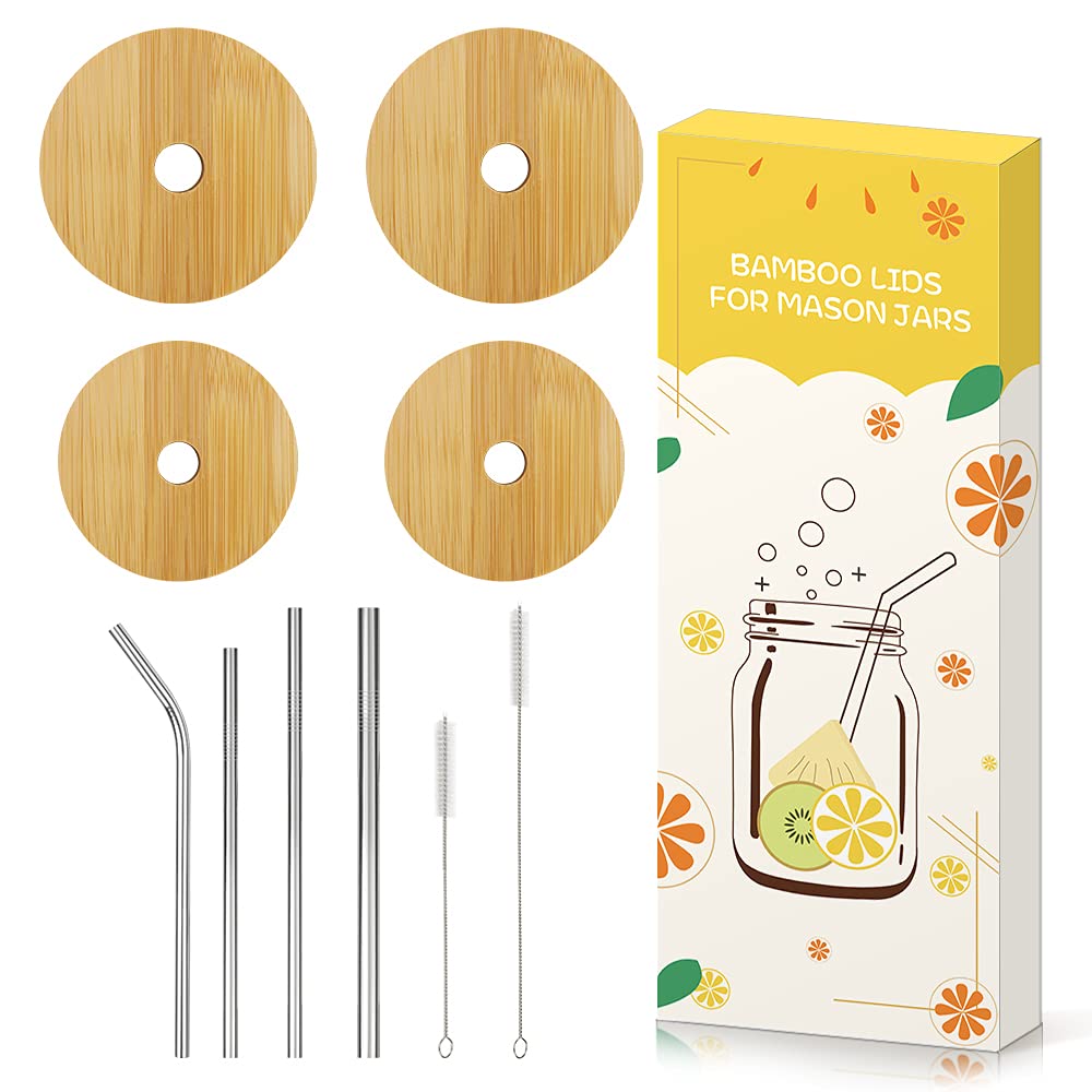 Picowe 4-Pack Reusable Bamboo Mason Jar Lids with Straw Hole - Fits Wide & Regular Mouth Jars - Includes 4 Stainless Steel Straws & 2 Cleaning Brushes (Jars Not Included) - Perfect for Iced Coffee, Smoothies, Cold Brew & DIY Drinks at Home, Office or Travel