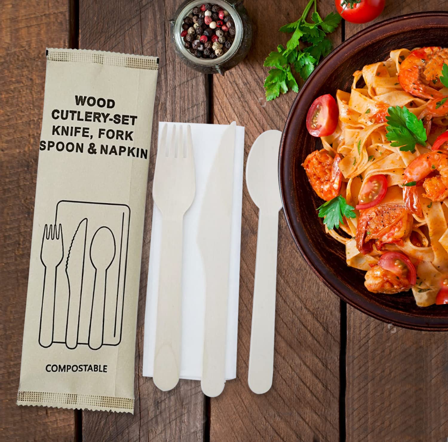 TDL-Brand 240-Piece Eco-Friendly Birchwood Cutlery Set (80 Sets) - Disposable & Compostable Wooden Forks, Spoons, Napkins - 6.5