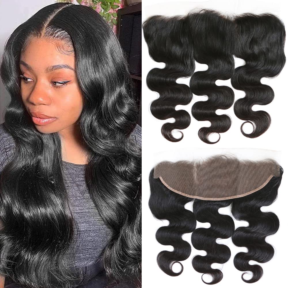 100% Virgin Unprocessed Human Hair 13x4 Lace Frontal - Queen Hair Body Wave Ear to Ear Free Part Natural Black (12 Inches) | Perfect for Protective Styles, Weaves & Everyday Glam