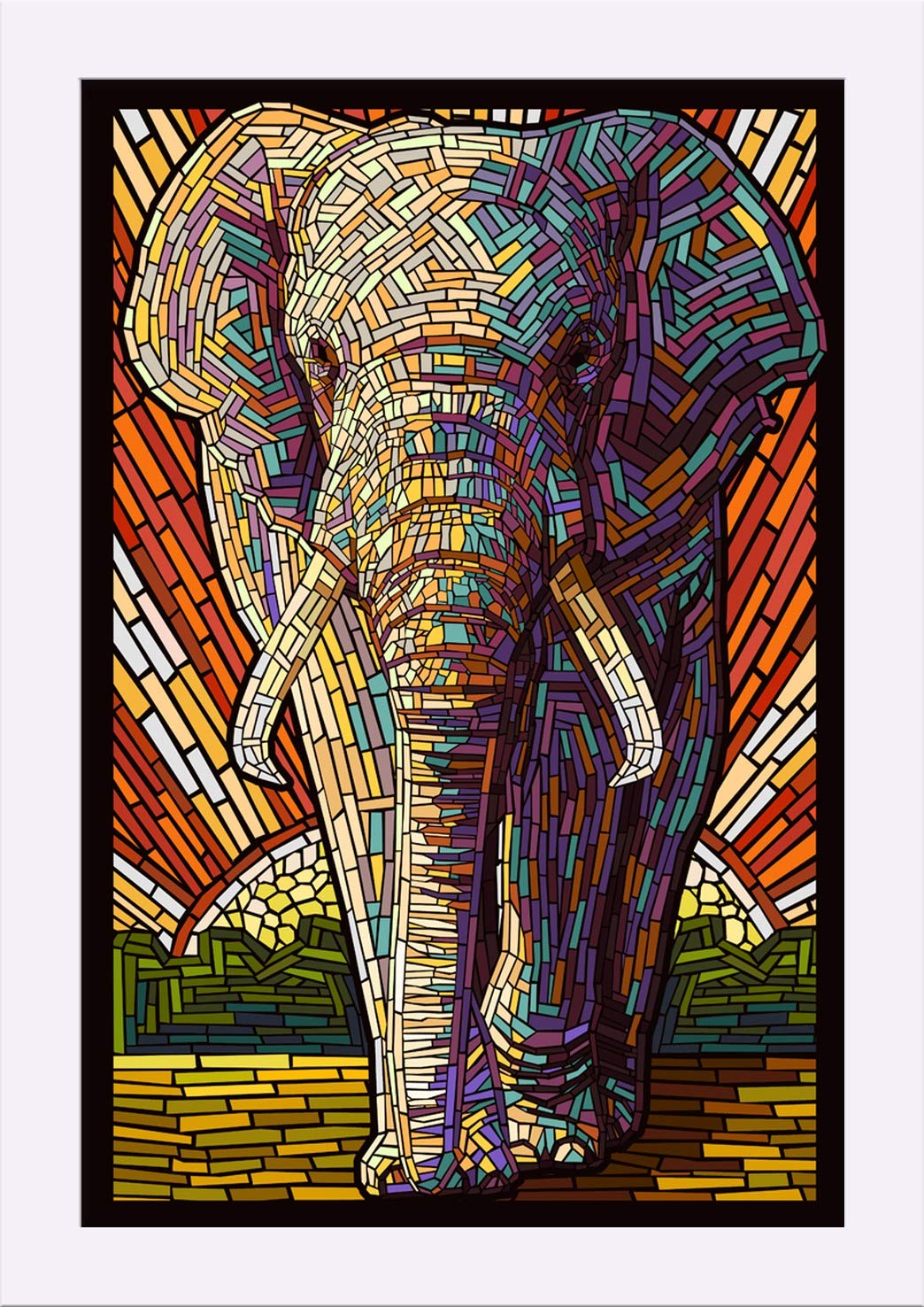 African Elephant Paper Mosaic Art Print - 12x18 Inch Giclee Fine Art with Recycled Wood Frame in White - Perfect for Home Decor, Office Wall Art & Eco-Friendly Gift Giving