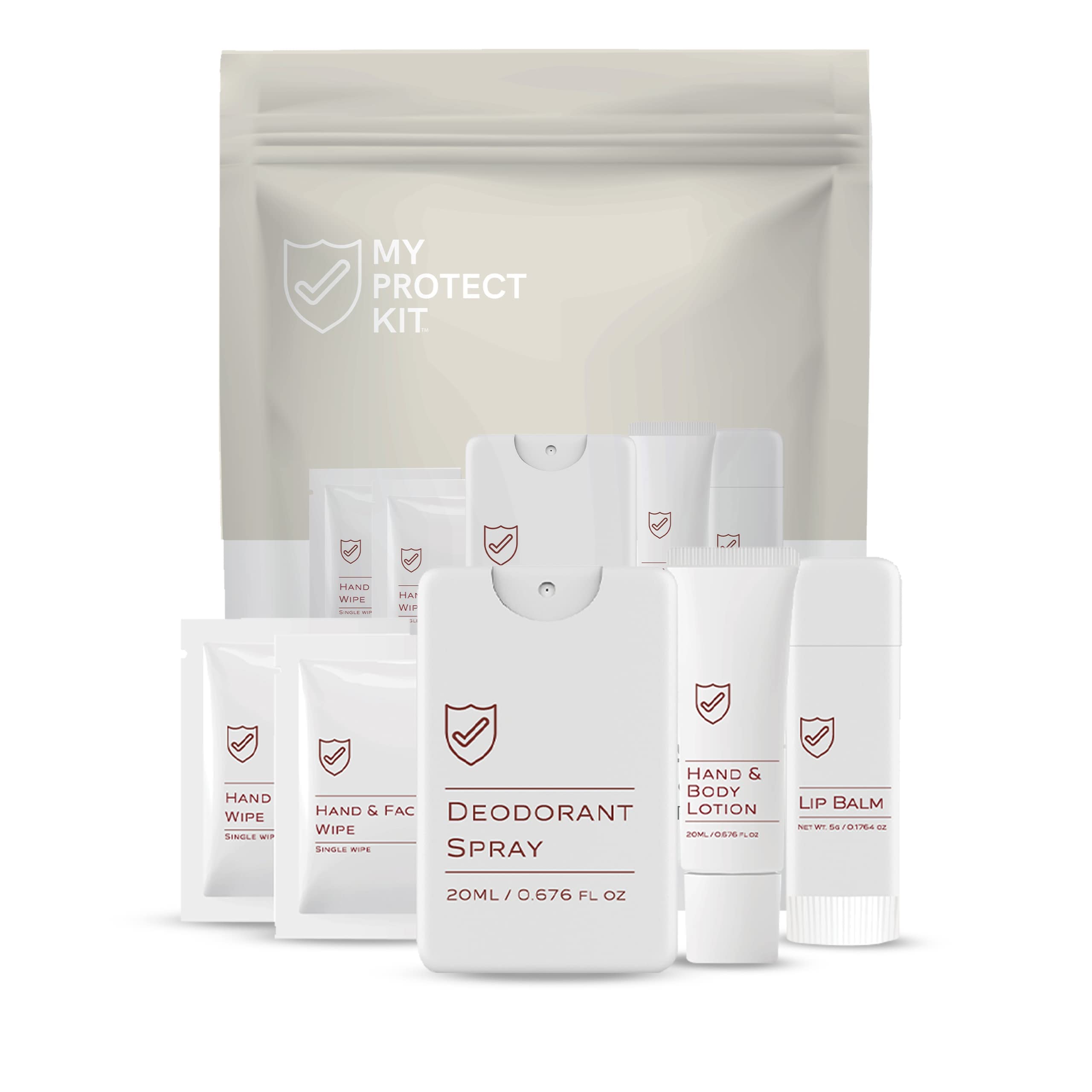 TSA Approved Travel Toiletry Kit for Men & Women - Hygiene Essentials with Hand & Body Lotion, Deodorant, Lip Balm & Face Wipes | Perfect for Air Travel, Camping & Daily Use | My Protect Kit