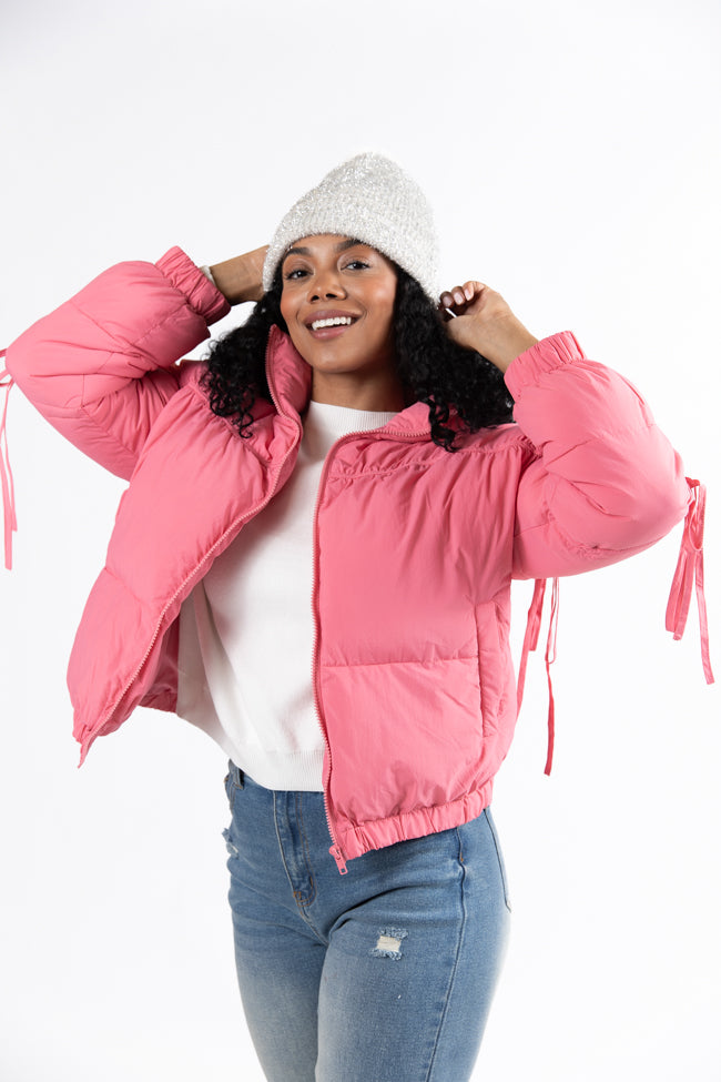 Pink Bow Sleeve Puffer Jacket for Women - Cozy Winter Outerwear with Stylish Bow Details | Perfect for Cold Weather, Date Nights & Holiday Outfits