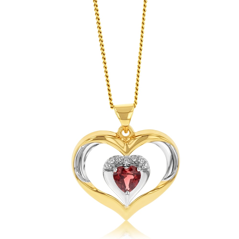 9ct Yellow and White Gold Heart Garnet and Diamond Pendant Necklace for Women - Elegant Valentine's Day Gift, Anniversary Jewelry, or Everyday Wear