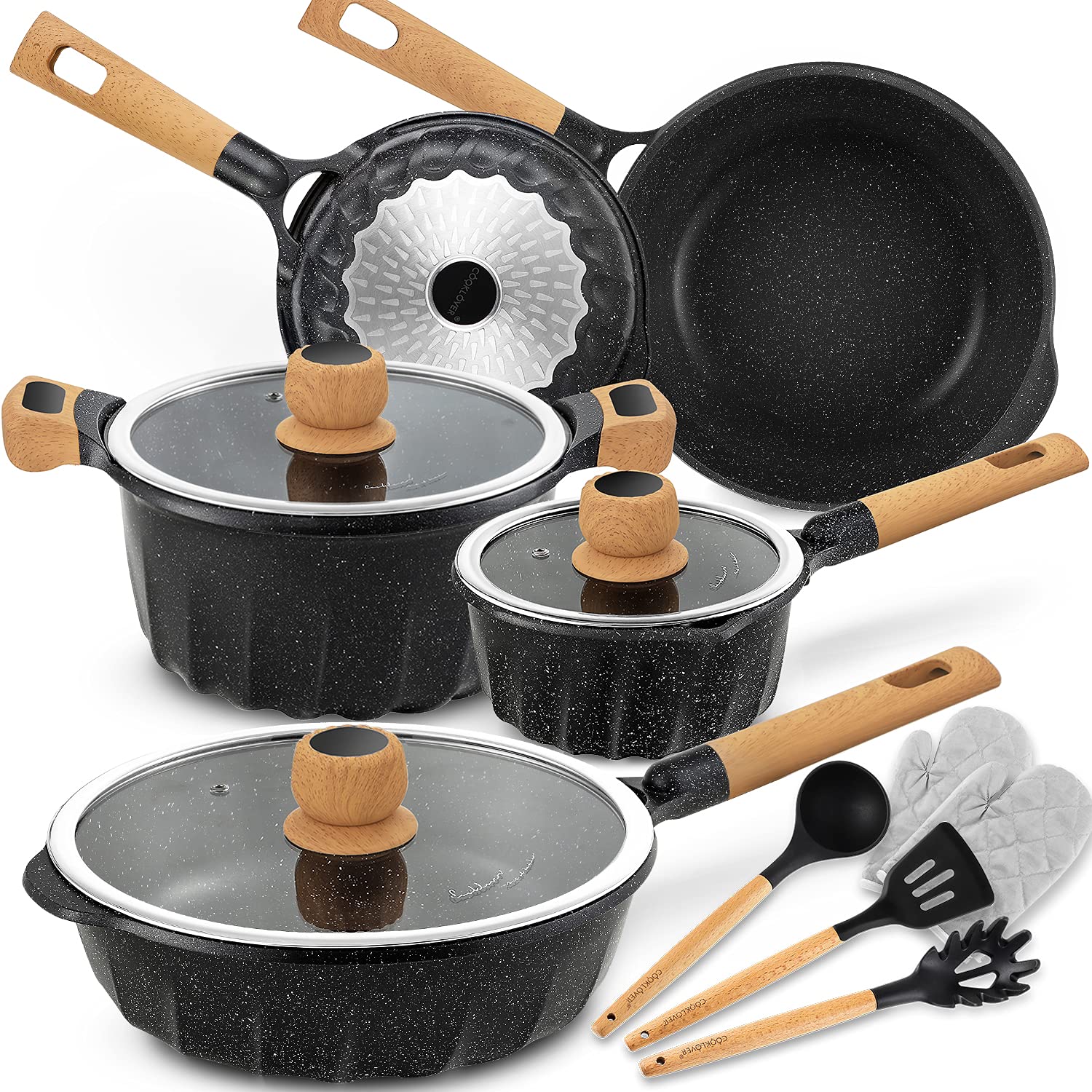 13-Piece Nonstick Cookware Set - PFOA Free, Induction Compatible Pots & Pans with Cooking Utensils (Black) | Perfect for Home Kitchen, Daily Cooking & Family Meals