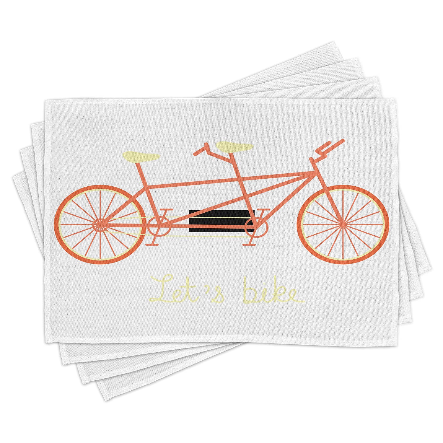 Ambesonne Bicycle Themed Place Mats Set of 4 - Hand Lettered Retro Cycling Design, Washable Fabric Table Mats for Dining Room & Kitchen Decor in Black Coral & Pale Yellow - Perfect for Cycling Enthusiasts, Summer BBQs, and Casual Dining