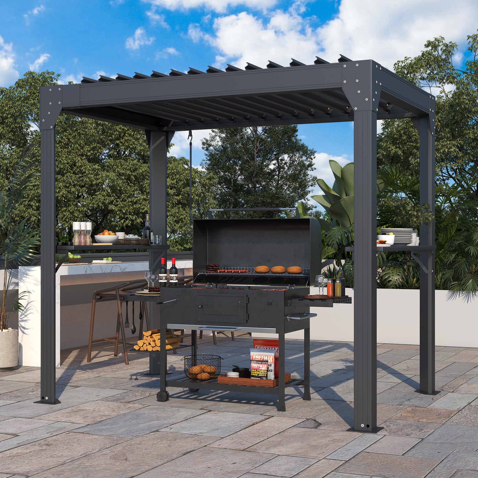 EROMMY 8' x 5' Louvered Pergola with Gutter & Side Shelves, Dark Grey - Perfect for Patio, Garden, and Outdoor Relaxation