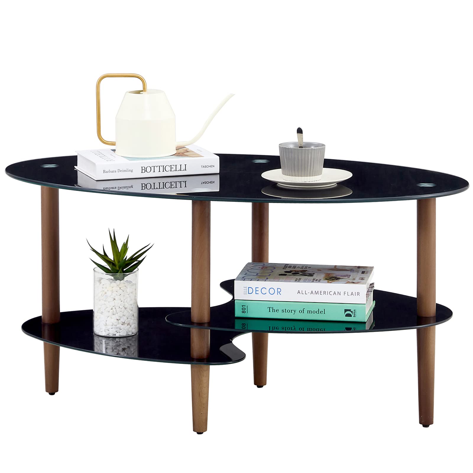 Black Oval Glass Coffee Table with Oak Wood Legs - 3-Layer Modern Transparent Glass Tea Table for Living Room, Waiting Room & Office Decor
