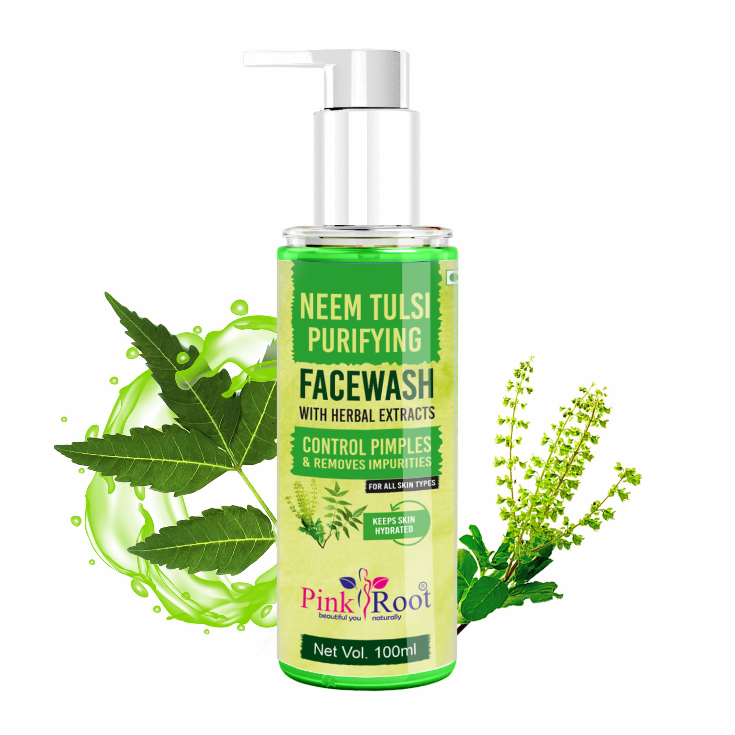 PINK ROOT Neem Tulsi Purifying Face Wash 100ml - Pore Tightening & Cleansing Facial Foam for Oily, Sensitive Skin | Gentle Formula for Smooth Skin | Daily Skincare Routine for Acne-Prone & Irritated Skin