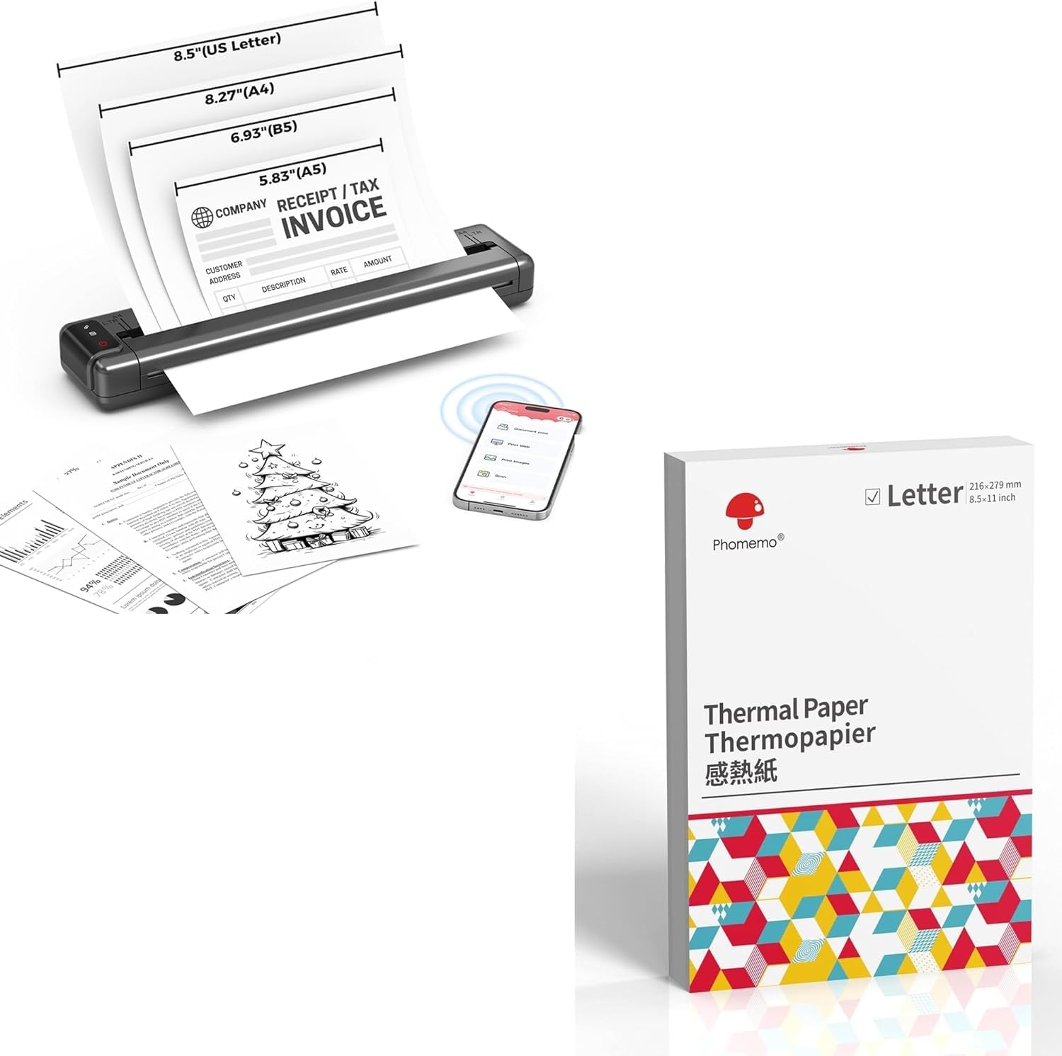 Phomemo Q302 Wireless Bluetooth & WiFi Thermal Printer - Inkless Portable Label Printer for Home, Office & Business Use | Compatible with US Letter/A4/A5/B5 Paper | Includes 200Pcs 8.5x11 Thermal Paper | Perfect for Shipping Labels, Receipts, Notes & DIY Projects