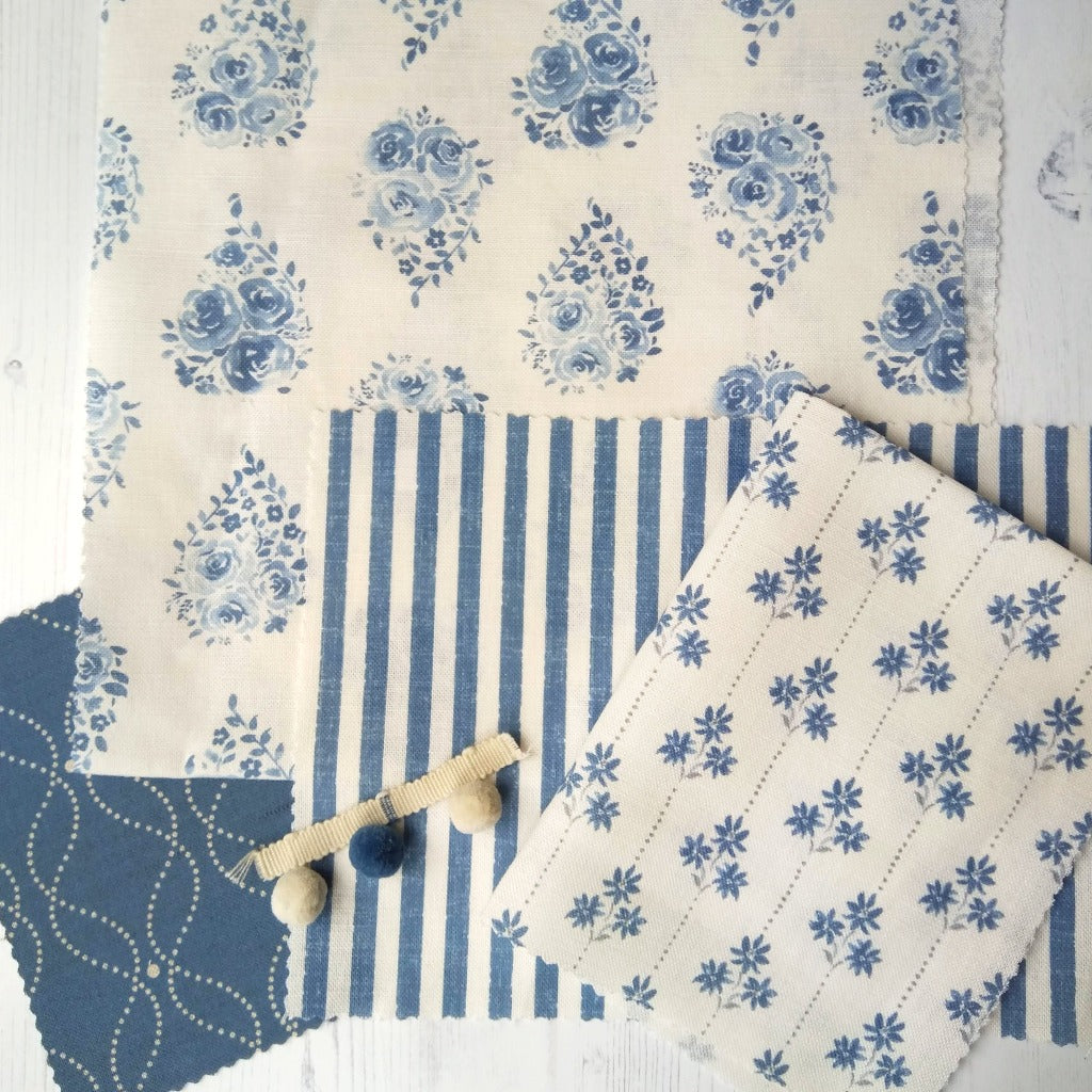 Lulworth Stripe Fabric - French Blue on White Cotton Upholstery Material for Sofa, Curtains & Home Decor