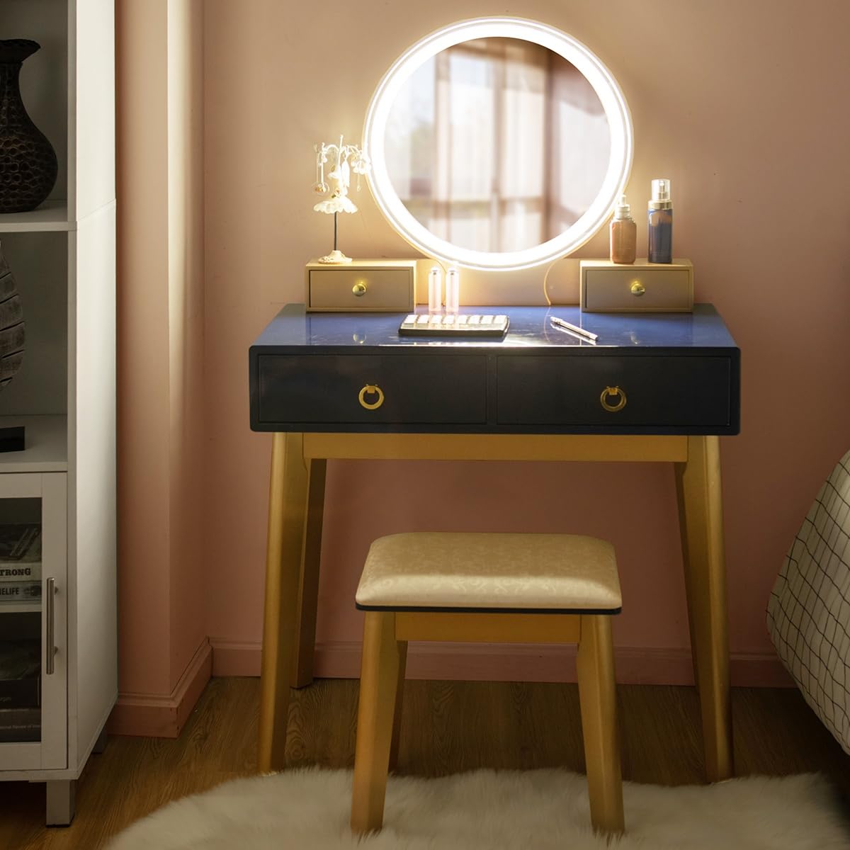 Charmaid Navy Blue Makeup Vanity Desk with 3-Color LED Mirror & Stool - 4-Drawer Dressing Table with Lights for Small Spaces | Perfect for Bedroom, Apartment & Beauty Salon Makeup Area