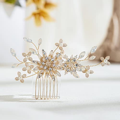 AW BRIDAL Ivory Flower Wedding Hair Comb - Bridal Headpiece Hair Accessories for Women & Girls (Gold) | Perfect for Weddings, Prom, Bridal Showers & Special Occasions