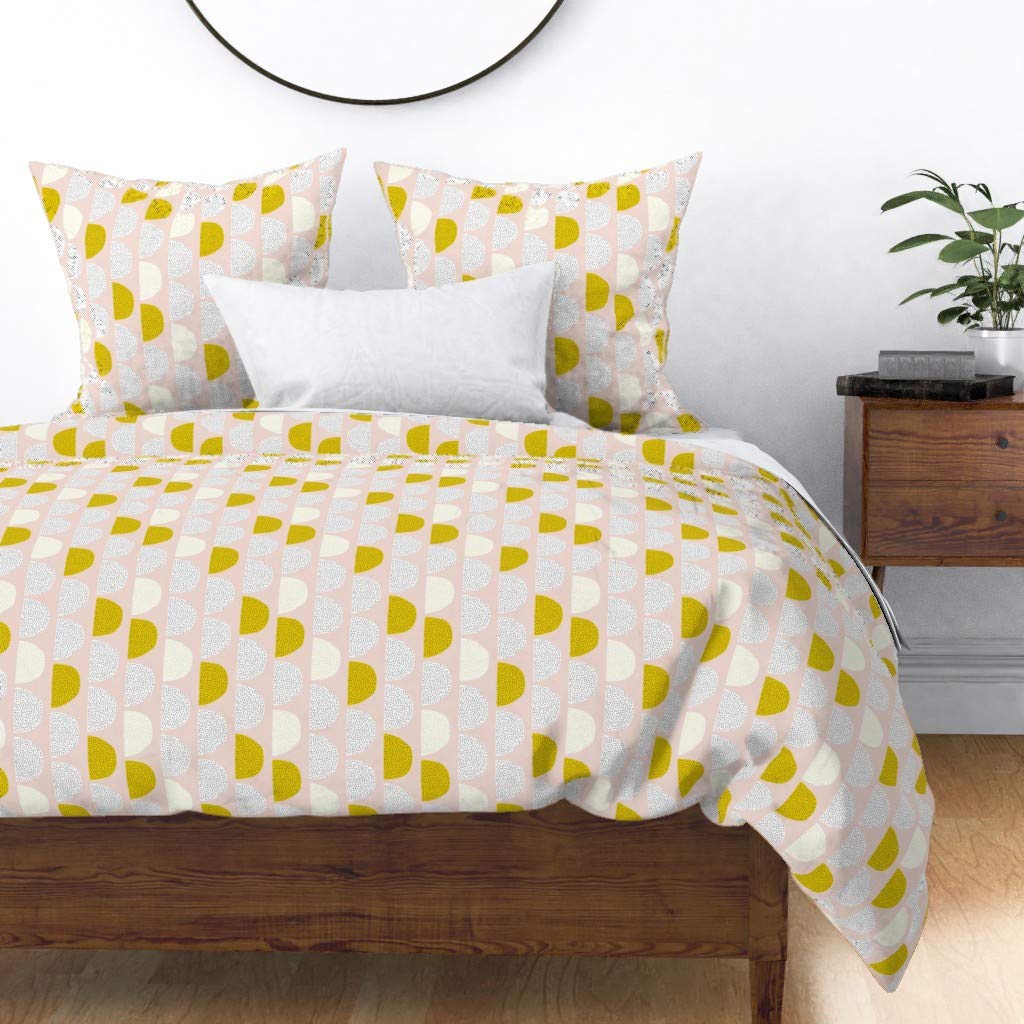 Scandinavian Retro Moon Circles Cotton Sateen Duvet Cover Full/Queen - Soft Pastel Gender Neutral Mustard Spots Abstract Modern Style Blush Print Custom Bedding for Nursery, Guest Room & Master Bedroom