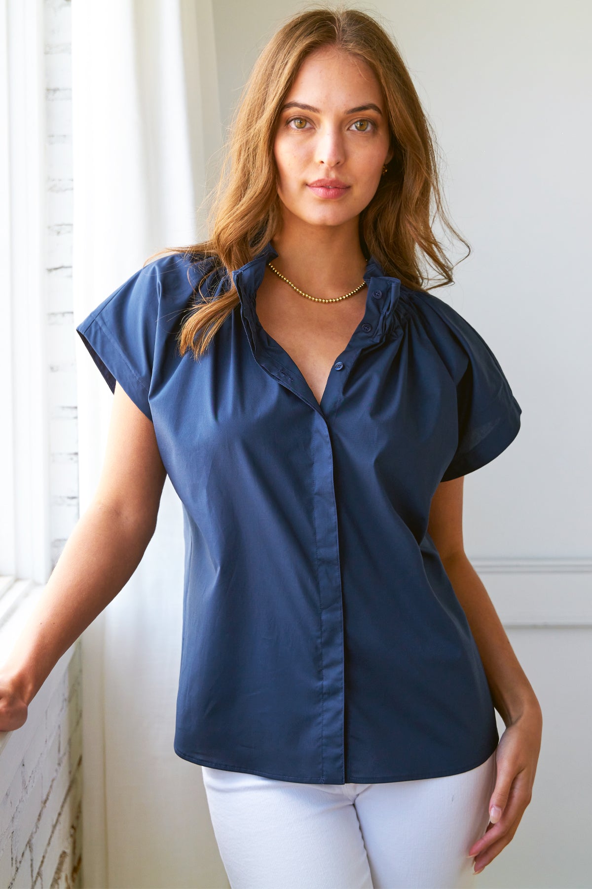 Jenny Top Navy Blue Silky Poplin Blouse - Elegant Women's Fashion for Work, Date Night & Special Occasions