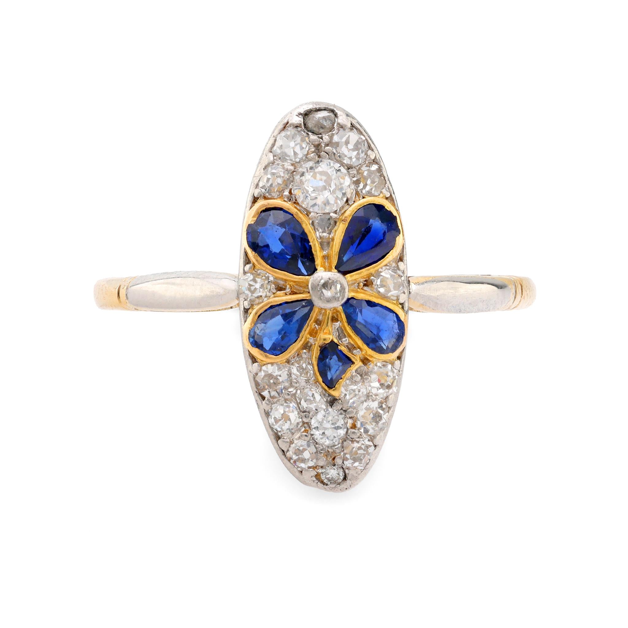 Victorian Sapphire Diamond 18K Gold Platinum Navette Ring - Elegant Vintage Jewelry for Weddings, Anniversaries & Special Occasions