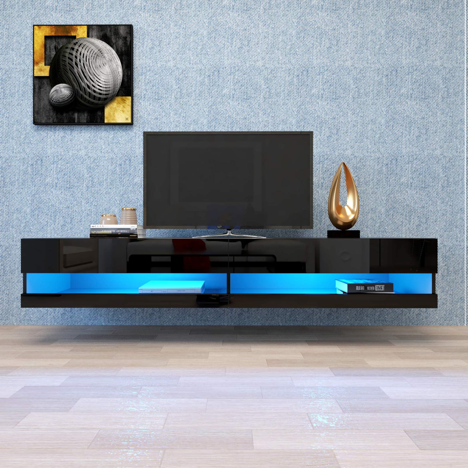 Okngr Floating TV Stand with LED Lights - Wall Mounted Media Console with Storage, Modern Entertainment Center for Living Room & Office - Universal Black TV Stand for 55-75 Inch TVs, Perfect for Gaming & Movie Nights