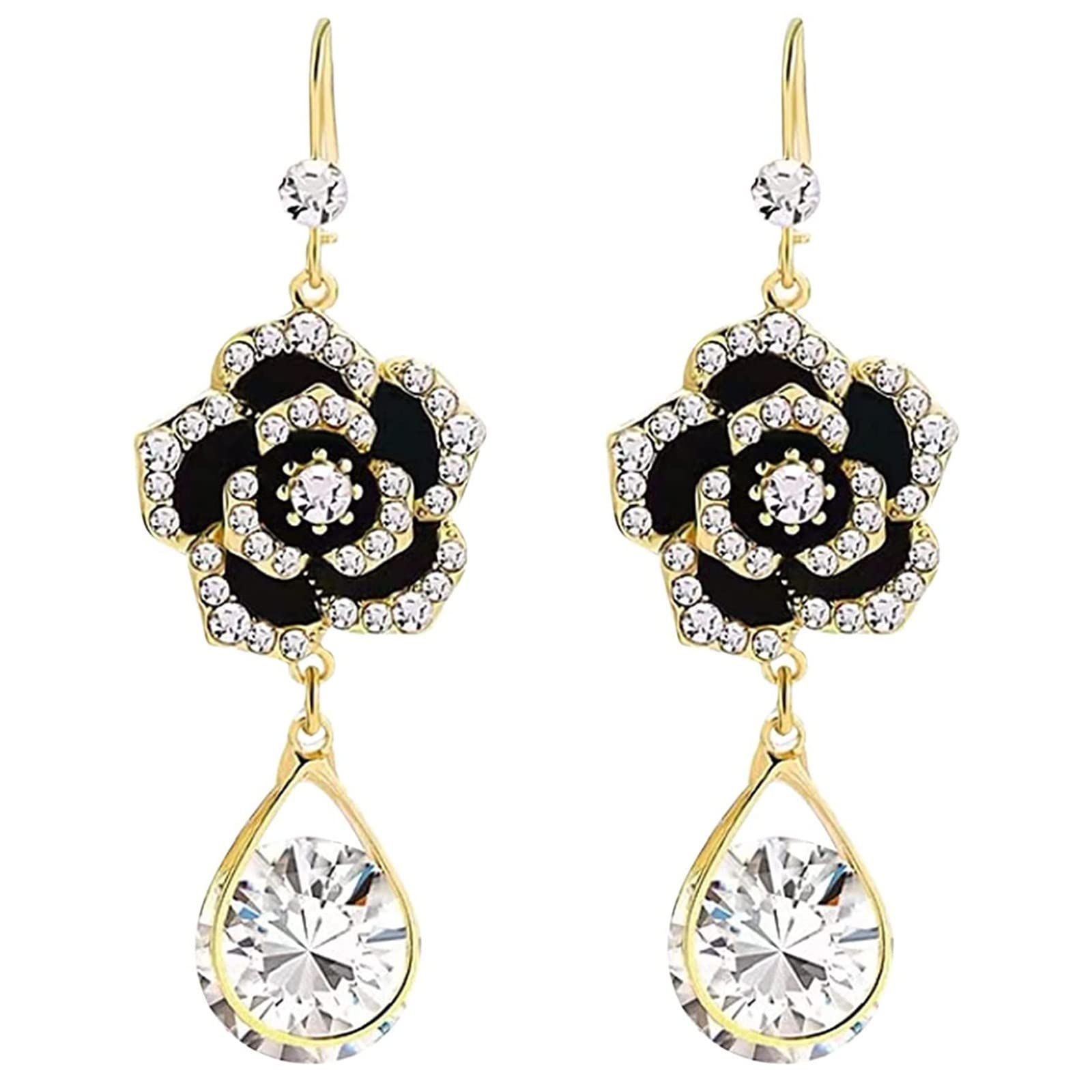 Elegant Camellia Shaped Rhinestone Dangle Earrings - Gold Flower Tassel Pendant Earrings for Women | Perfect for Weddings, Parties & Special Occasions
