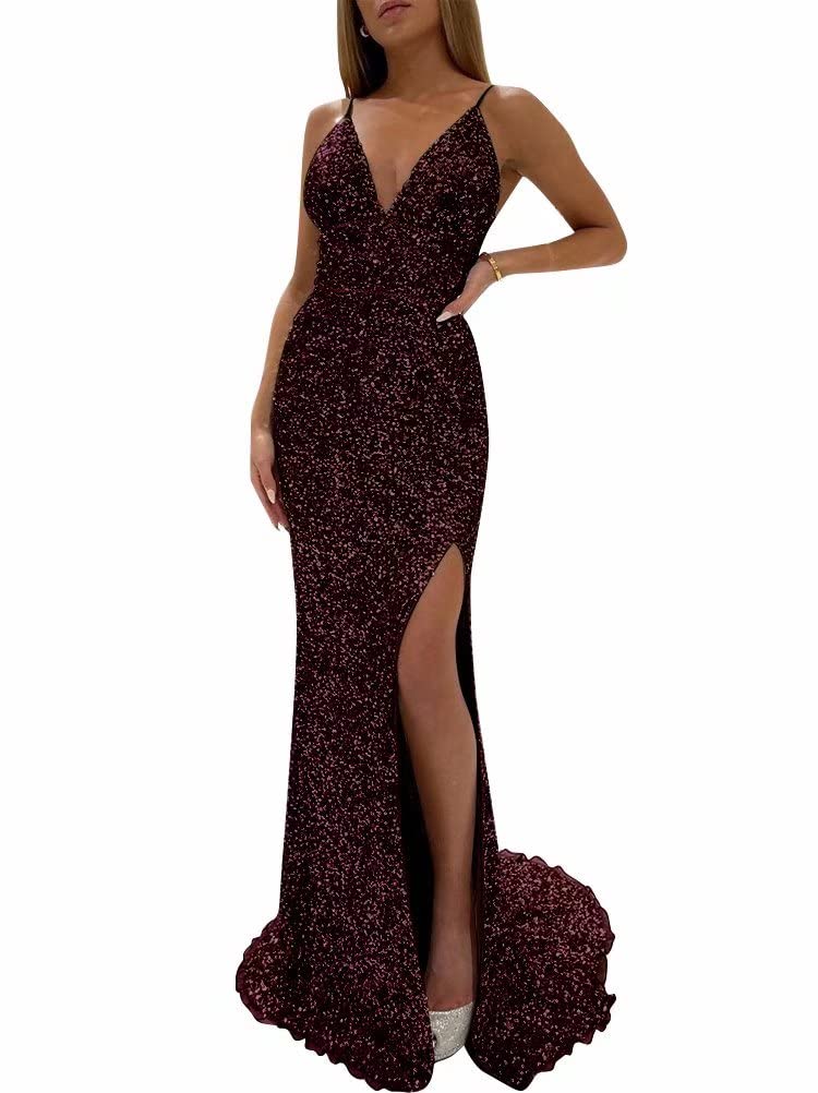Sparkly Sequin Prom Dresses for Women - Long Mermaid Evening Gowns with V Neck & High Slit | Elegant Cross Back Formal Gowns for Wedding, Homecoming, Party & Special Occasions | Perfect for Prom Night, Anniversary Dinners & Red Carpet Events