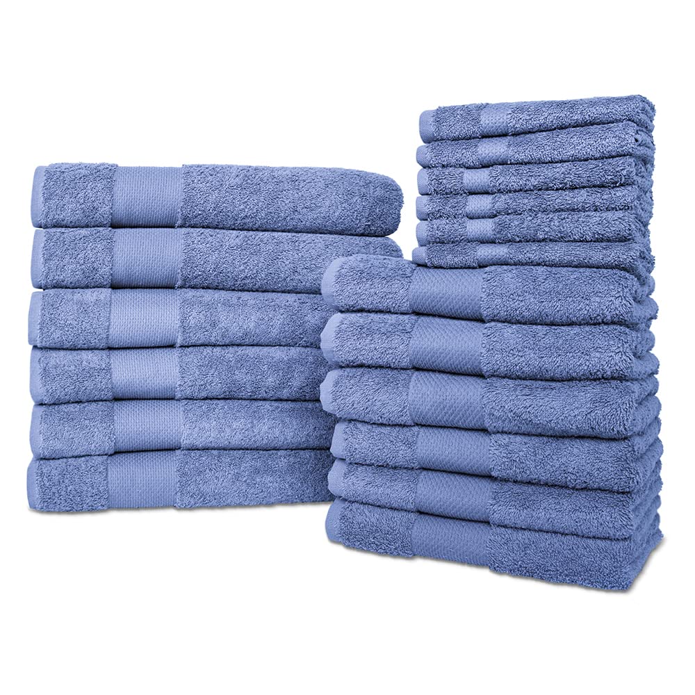 Premium 18-Piece Bath Towel Set - 100% Turkish Cotton, Ultra Soft & Highly Absorbent - 6 Bath Towels, 6 Hand Towels, 6 Washcloths - Quick Drying & Luxurious for Bathroom, Home, Hotel, Spa, Gym - Perfect for Everyday Use, Guest Bathrooms & Luxury Self-Care - Blue 18-Pack