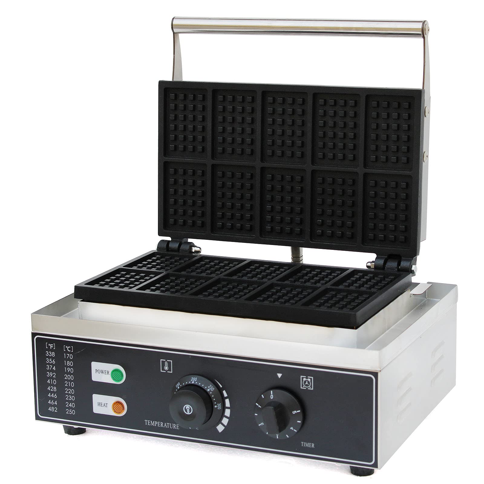 Commercial 1500W Electric Waffle Maker with Non-Stick Surface - 110V Square Pancake Baking Machine for Hot Dogs & Waffles - Adjustable Time & Temperature Control - Includes 10PCS 3.2x2.2in Waffle Plates - Perfect for Restaurants, Cafes, and Home Breakfast Cooking