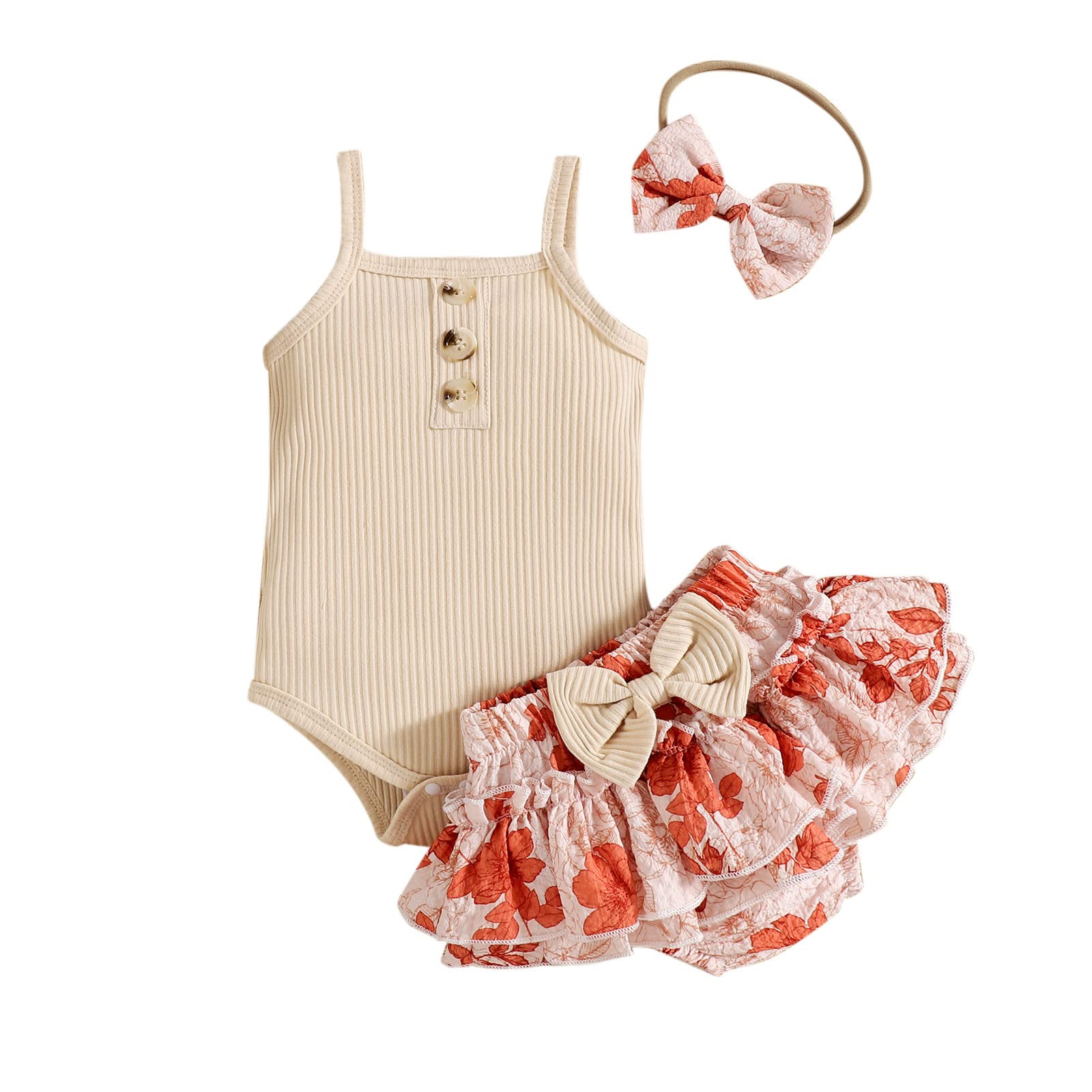 Baby Girl Sleeveless Ribbed Romper Bodysuit with Ruffles & Floral Print - Newborn Outfits with Matching Headbands | Perfect for Summer, Photo Shoots & Special Occasions
